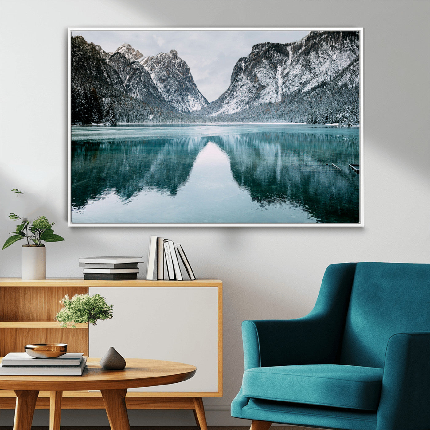 73098373-MGV-FC-36X24_White-Mountain Lake Wall Art Canvas Print – Framed Snowy Peaks Wonderland Nature Scene Artwork for Home Office