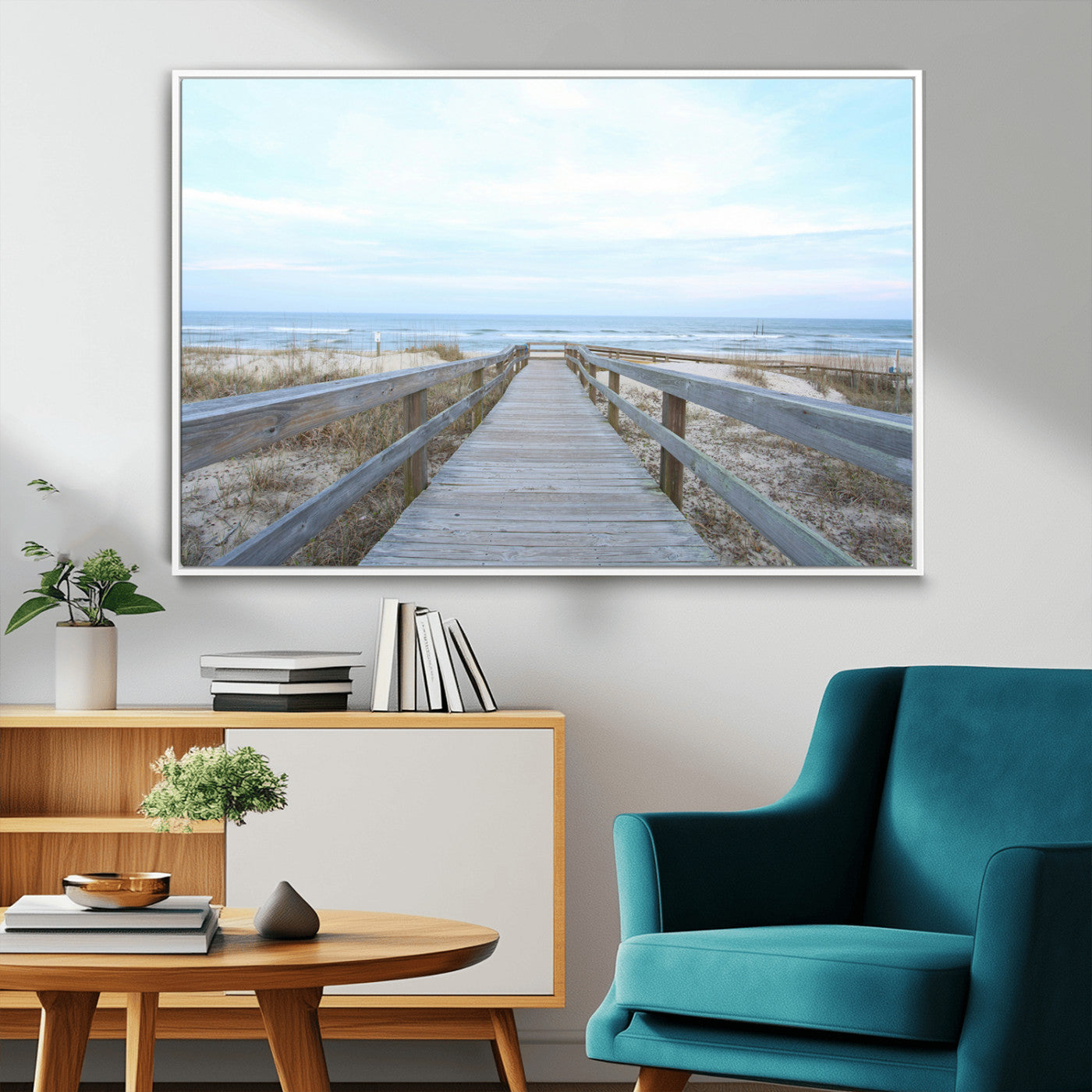 31602988-MGV-FC-36X24_White-Beach Boardwalk Wall Art Canvas Print – Framed Coastal Serenity Ocean View Nature Scene Artwork for Home Office
