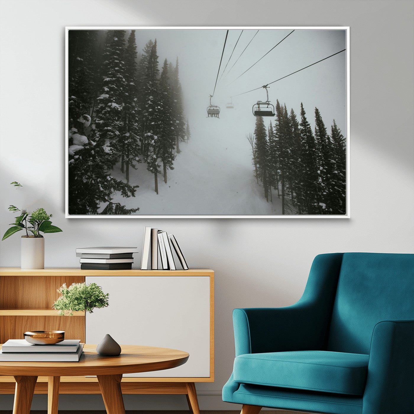 87018452-MGV-CV-36X24-Ski Lift Wall Art Canvas Print – Snowy Pines Misty Landscape Winter Serenity Artwork for Home, Office Decor