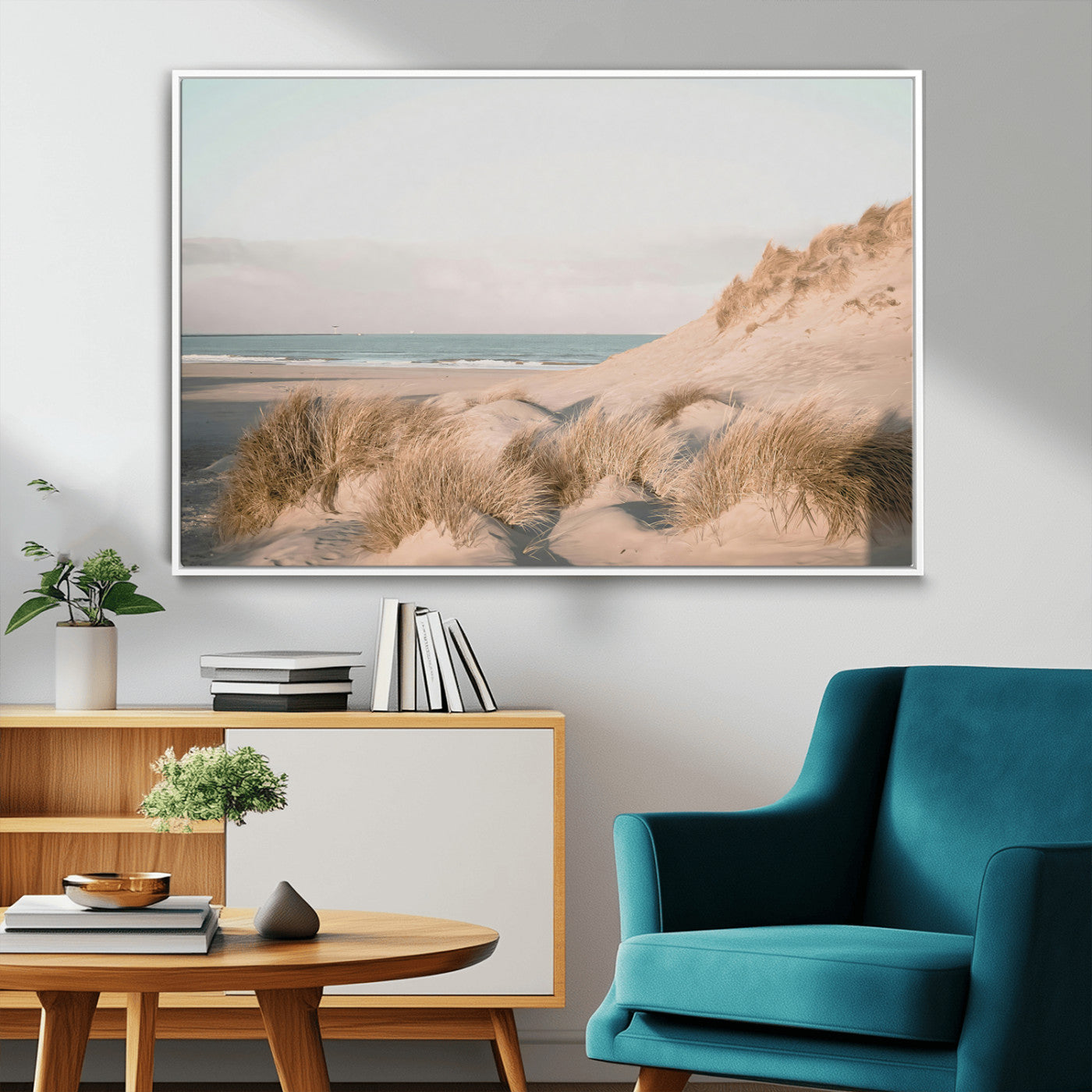 11554211-MGV-FC-36X24_White-Beach Landscape Wall Art Canvas Print – Framed Sand Dune Photography Minimalist Seascape Artwork for Home Office