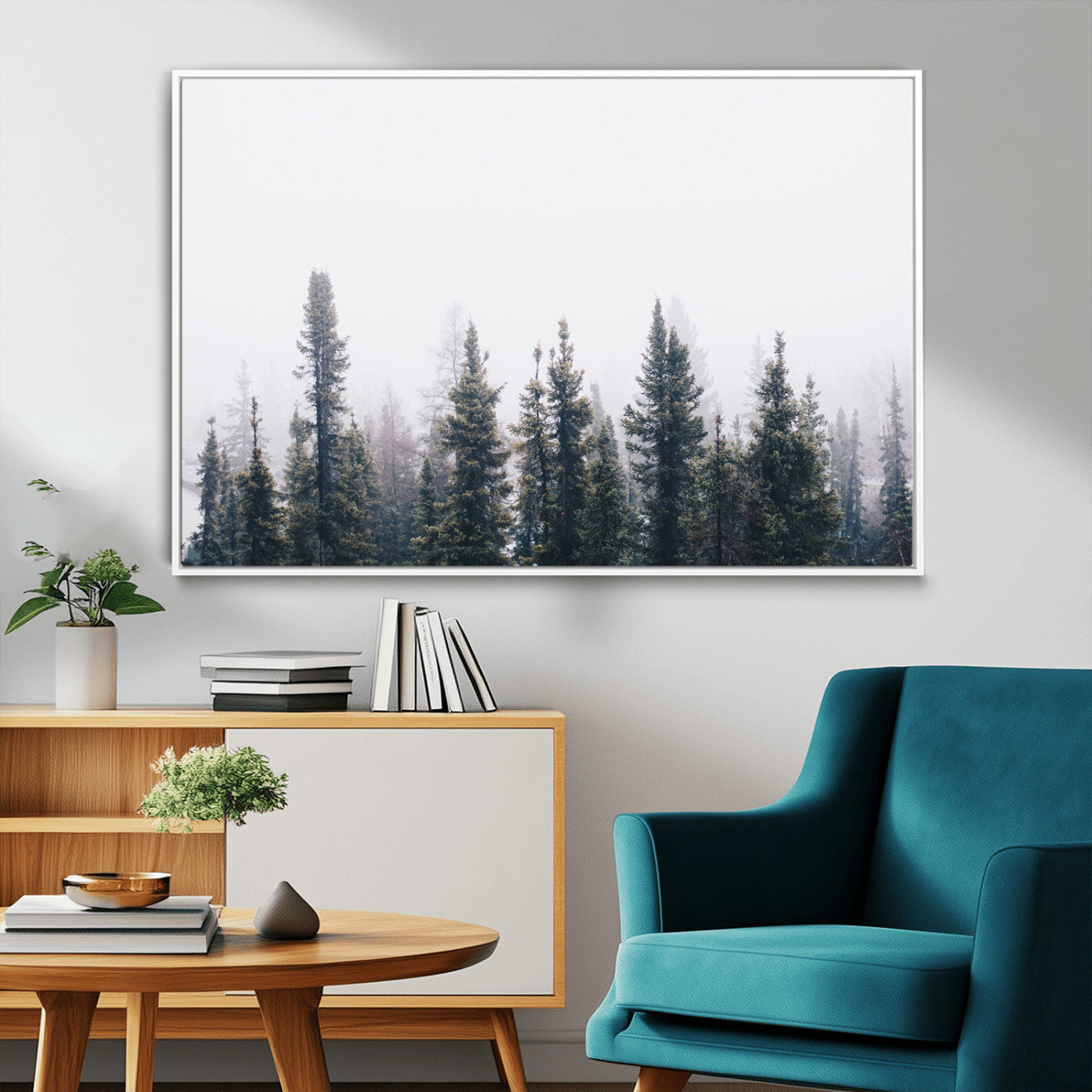 42364796-MGV-FC-36X24_White-Foggy Forest Wall Art Canvas Print – Framed Misty Pines Moody Woodland Nature Scene Artwork for Home Office
