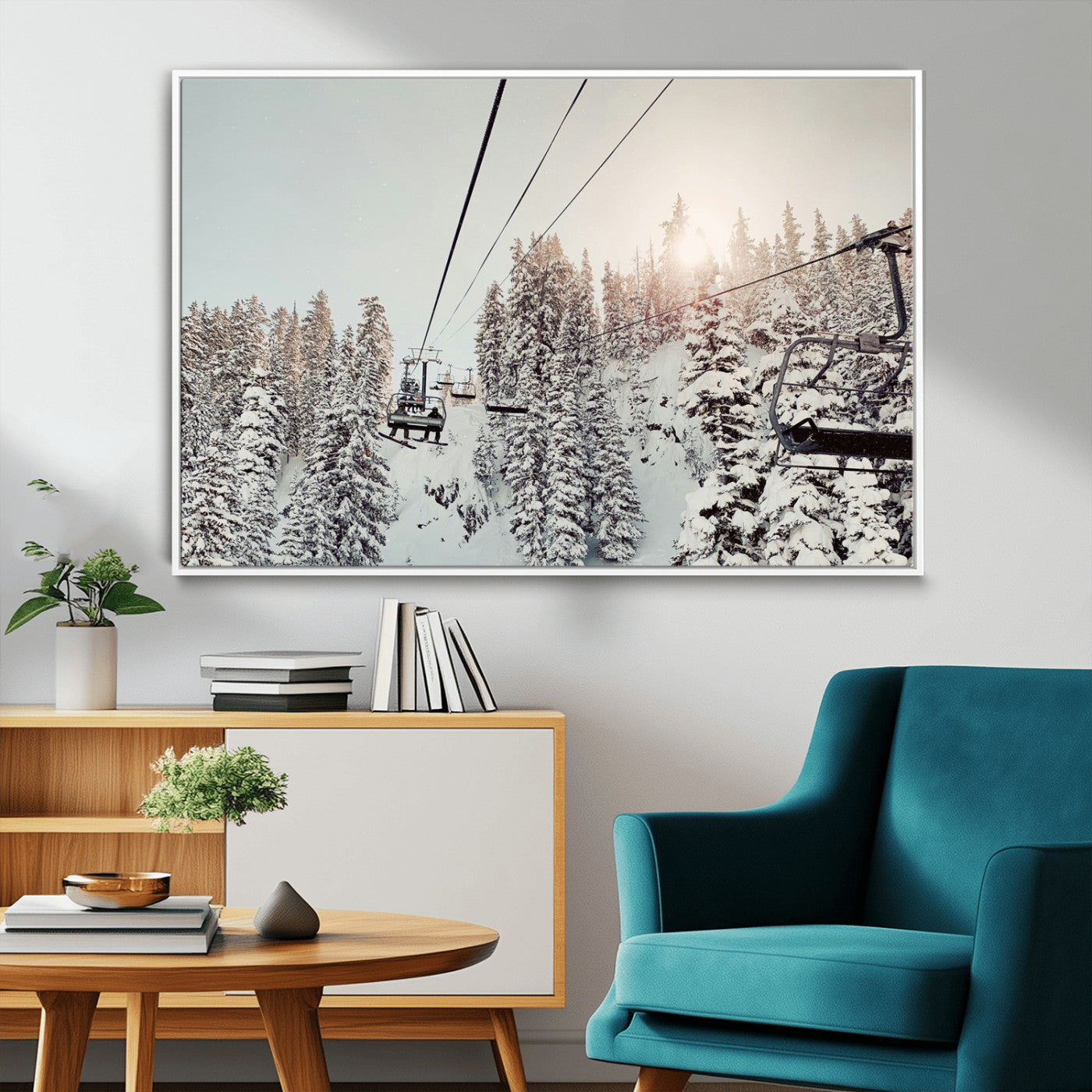 91534512-MGV-CV-36X24-Frosty Pines Wall Art Canvas Print – Framed Cozy Cabin Ski Lift Ride Winter Scene Artwork for Home Office