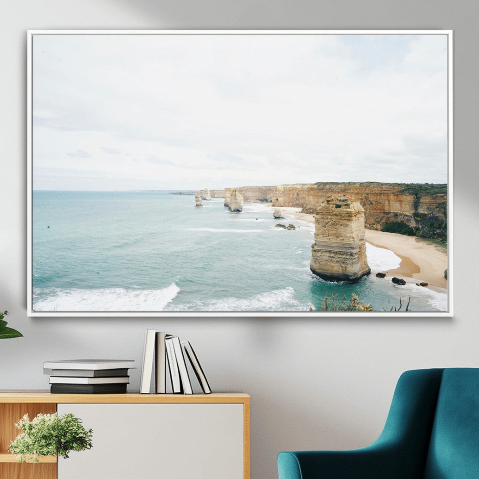 70095633-MGV-CV-36X24-Twelve Apostles Wall Art Canvas Print – Framed Coastal Cliffs Rugged Rock Formations Artwork for Home Office