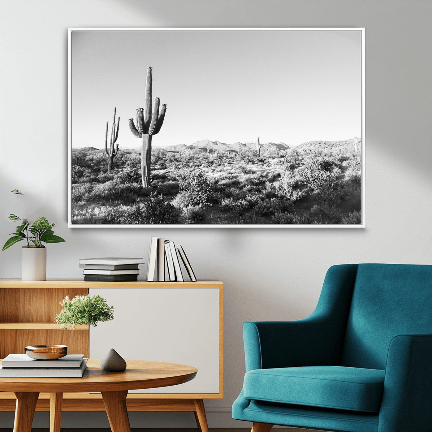 85205054-MGV-FC-36X24_White-Saguaro Cactus Wall Art Canvas Print – Framed Monochrome Landscape Scenic Arizona Minimalist Western Artwork for Home, Office