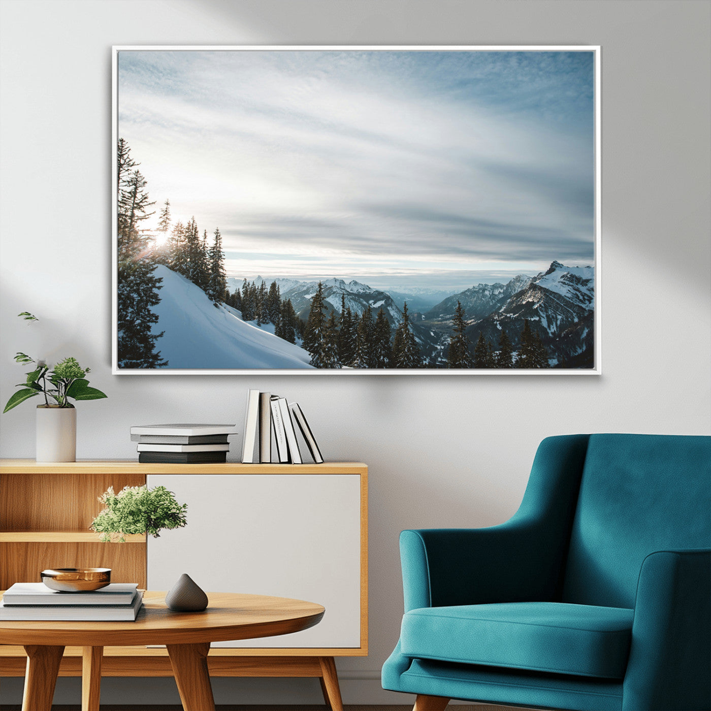 55564749-MGV-FC-36X24_White-Snowy Mountains Wall Art Canvas Print – Framed Alpine Landscape Frosty Peaks Nordic Minimalist Nature Artwork for Home, Office