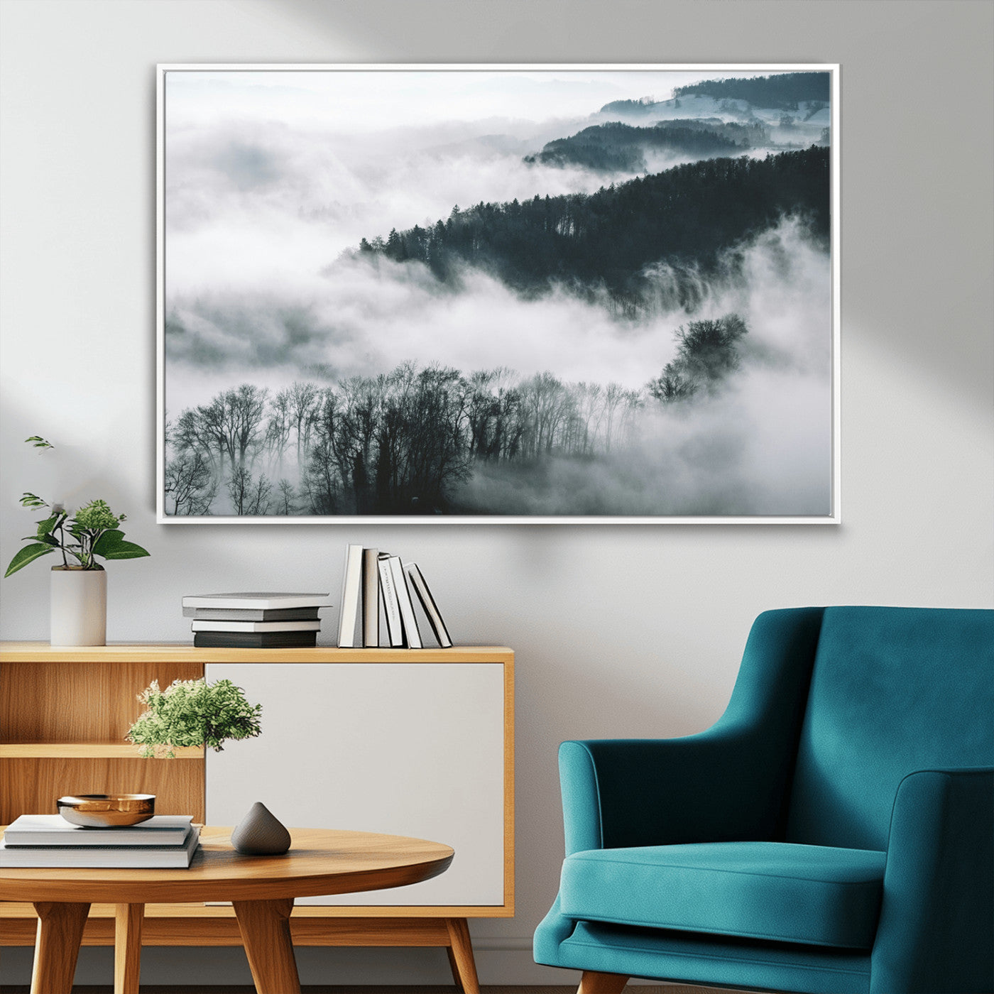 67569654-MGV-FC-36X24_White-Foggy Forest Landscape Wall Art Canvas Print – Misty Mountain Valley Scene Monochrome Tones Nature Artwork for Home Office