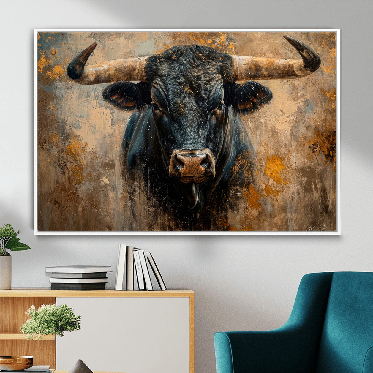 91615410-MGV-CV-36X24 - Abstract Texas Longhorn Bull Wall Art – Rustic Farmhouse Canvas Print, Western Cabin Style Decor, Large Animal Artwork for Living Room or Office