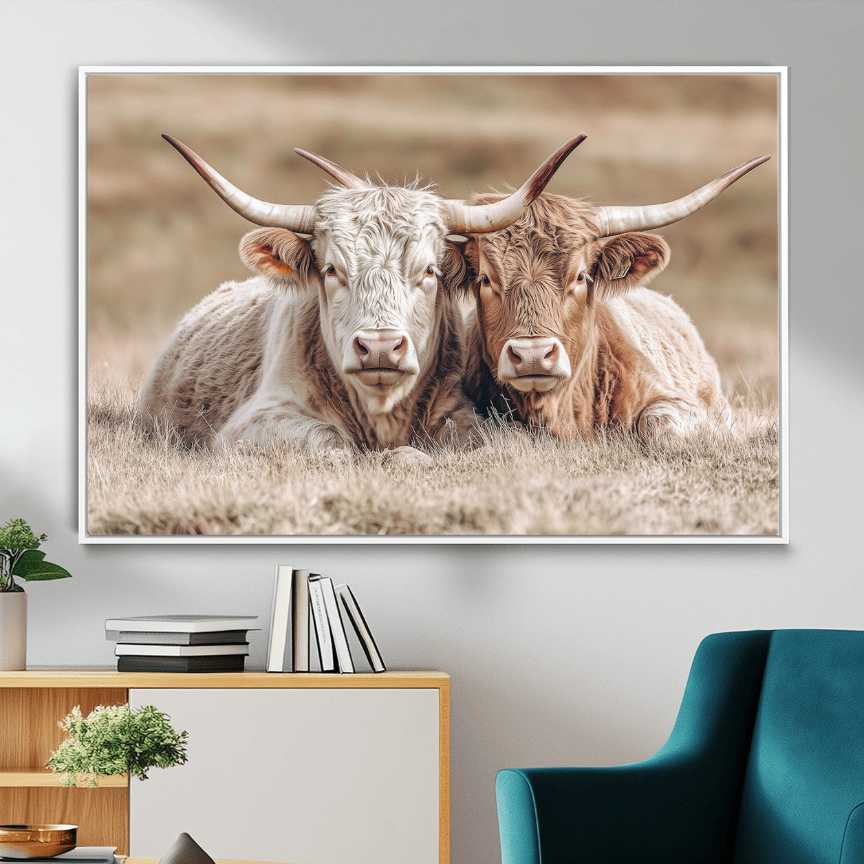 38651722-MGV-CV-36X24 - Highland Cows Meadow Canvas Wall Art – Peaceful Cow Photography Print, Rustic Farmhouse Animal Decor for Country Home, Living Room, Office