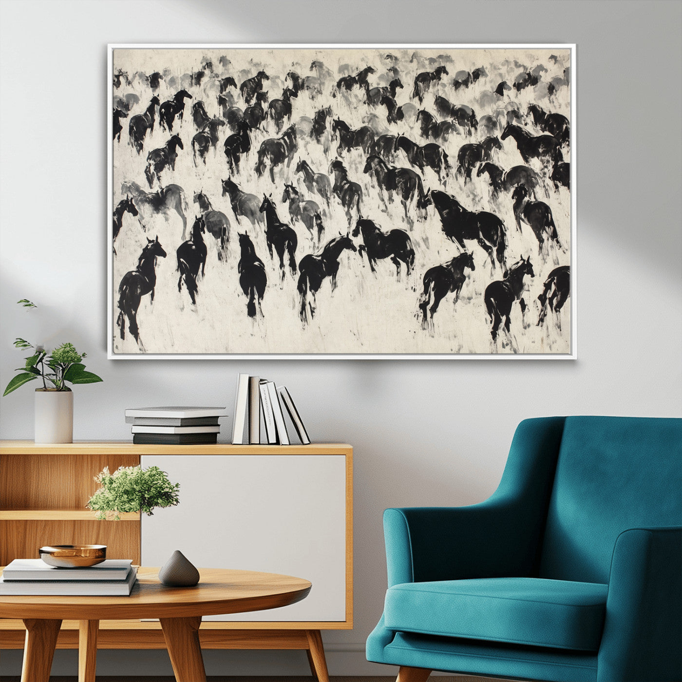 -Wild Horse Stampede Wall Art Canvas Print – Monochrome Running Horses Dynamic Motion Elegant Scene Artwork for Home, Office