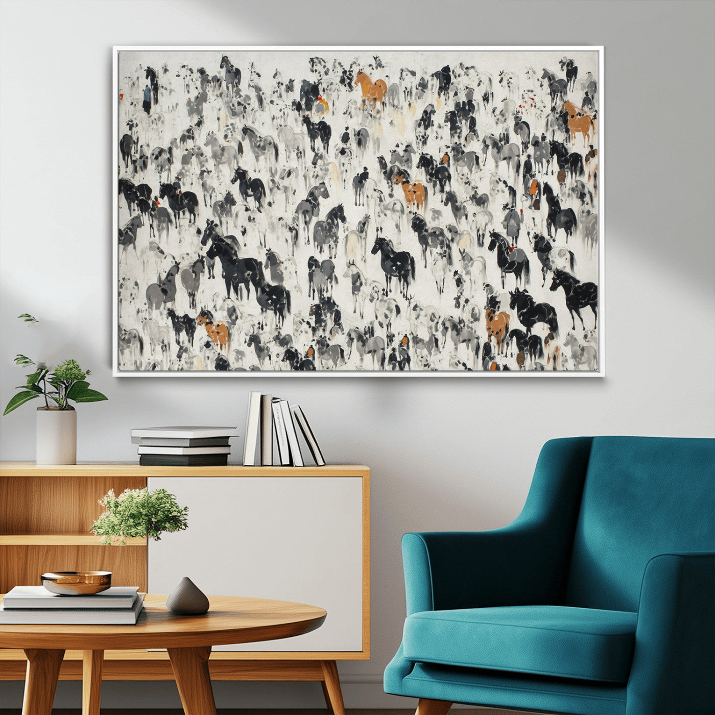 56463722-MGV-CV-36X24-Wild Horse Stampede Wall Art Canvas Print – Monochrome Running Horses Dynamic Motion Elegant Scene Artwork for Home, Office