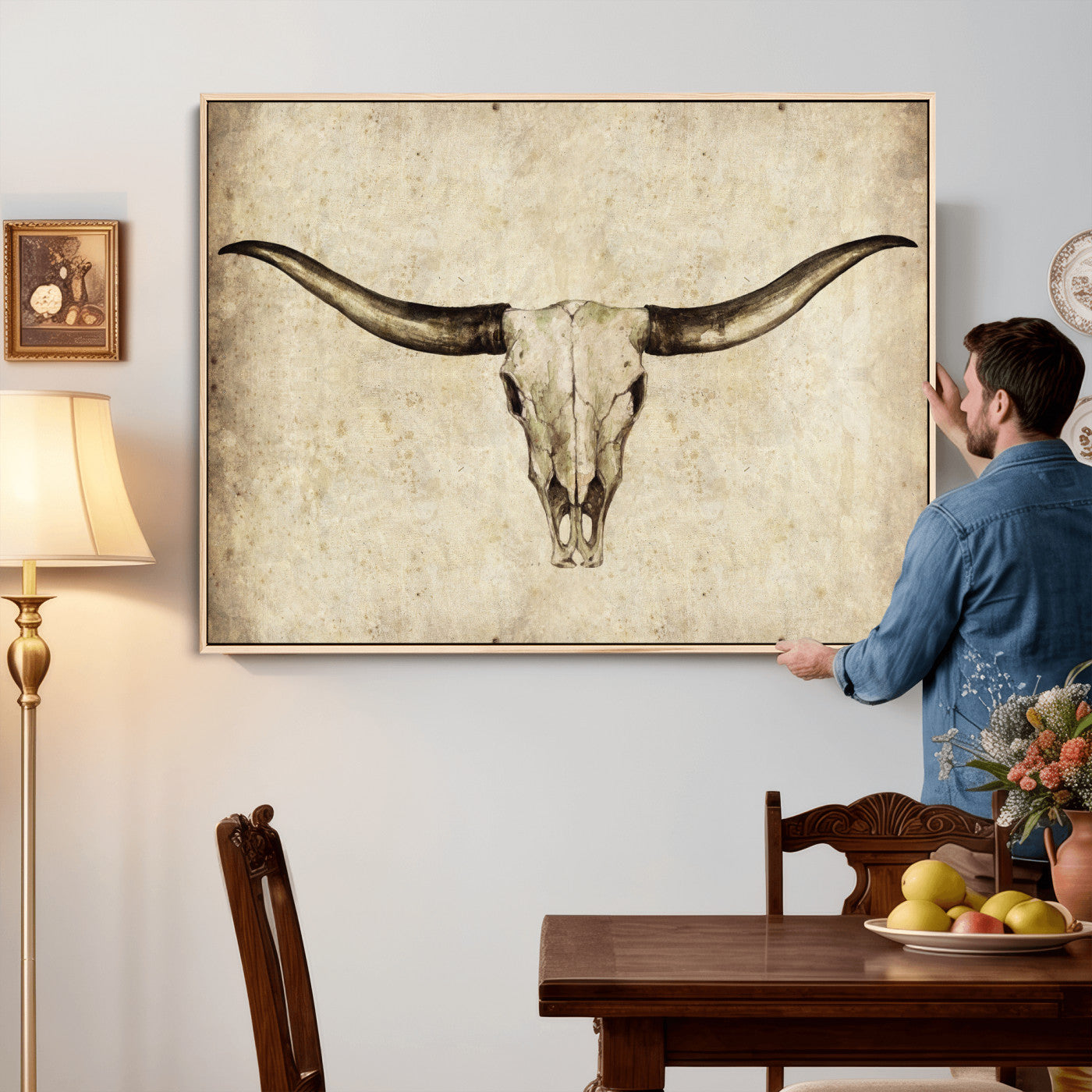 42788678-MGV-CV-36X24 - Longhorn Skull Wall Art Canvas Print – Rustic Western Artwork Print for Living Room Wall Decor