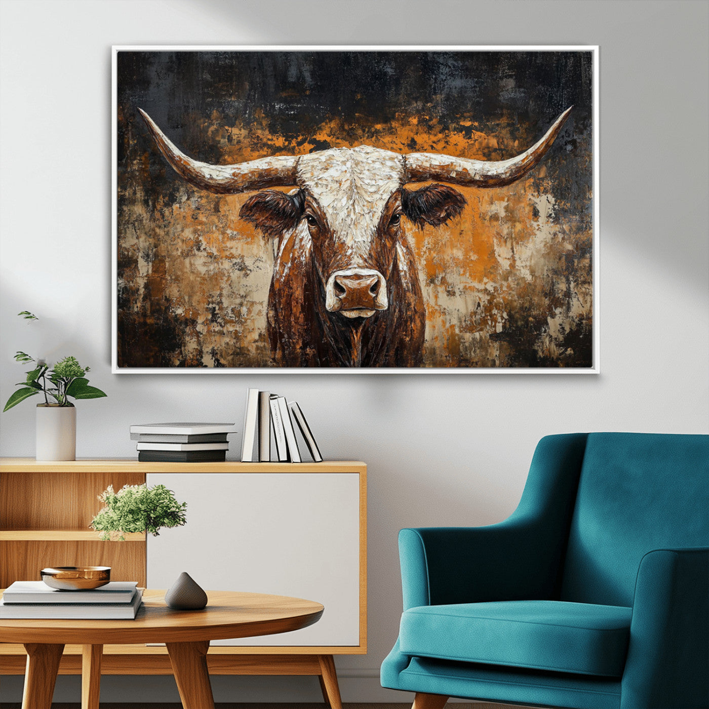 25265572-MGV-FC-36X24_White-Rustic Longhorn Bull Wall Art Canvas Print – Vintage Western Cattle Scene, Texas Steer Artwork for Home, Office