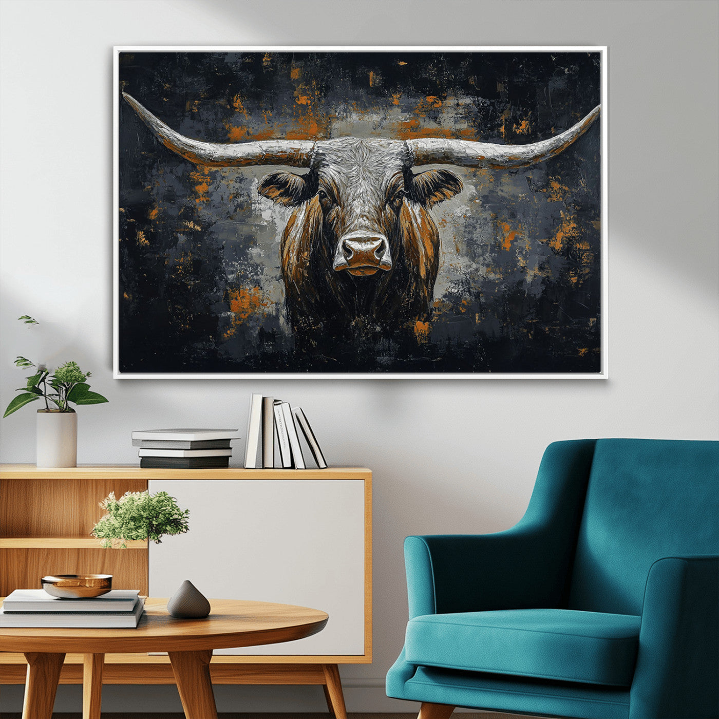 93195031-MGV-FC-36X24_White-Rustic Longhorn Bull Wall Art Canvas Print – Vintage Western Cattle Scene, Texas Steer Artwork for Home, Office