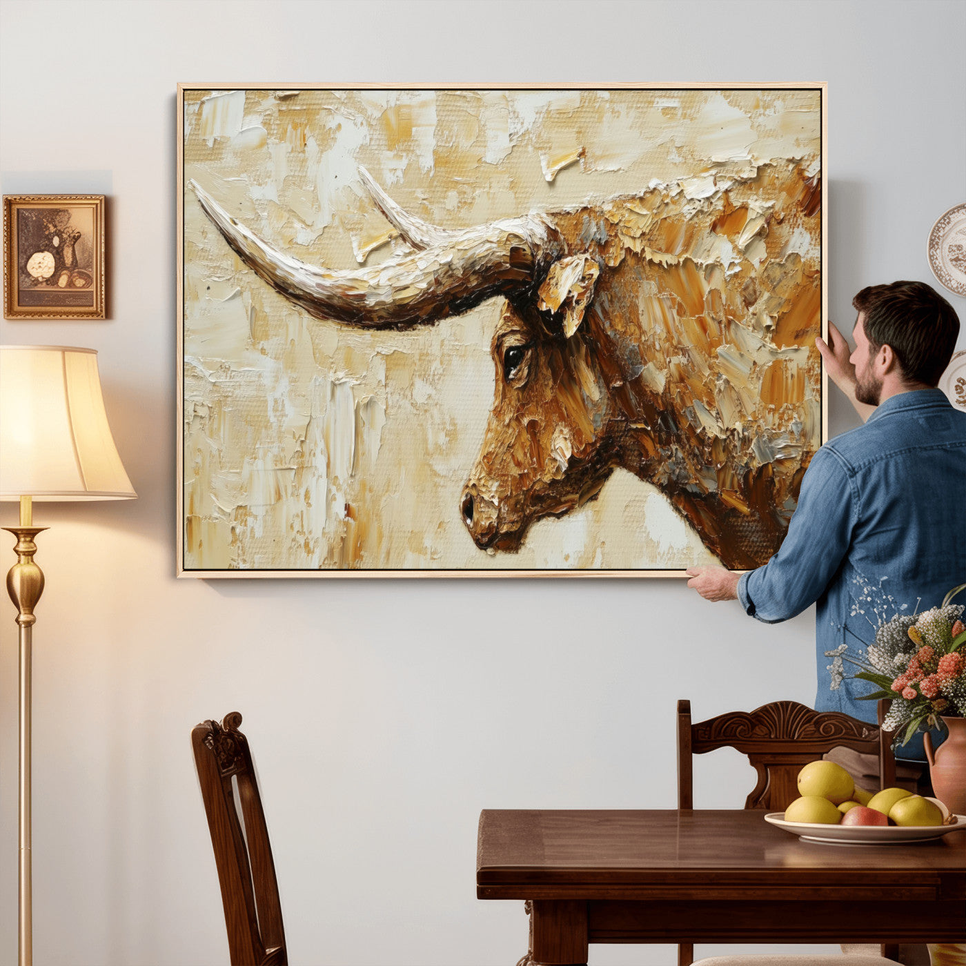 69611428-MGV-CV-36X24 - Rustic Longhorn Bull Wall Art Canvas Print – Vintage Western Cattle Painting, Texas Abstract Wall Cow Prints