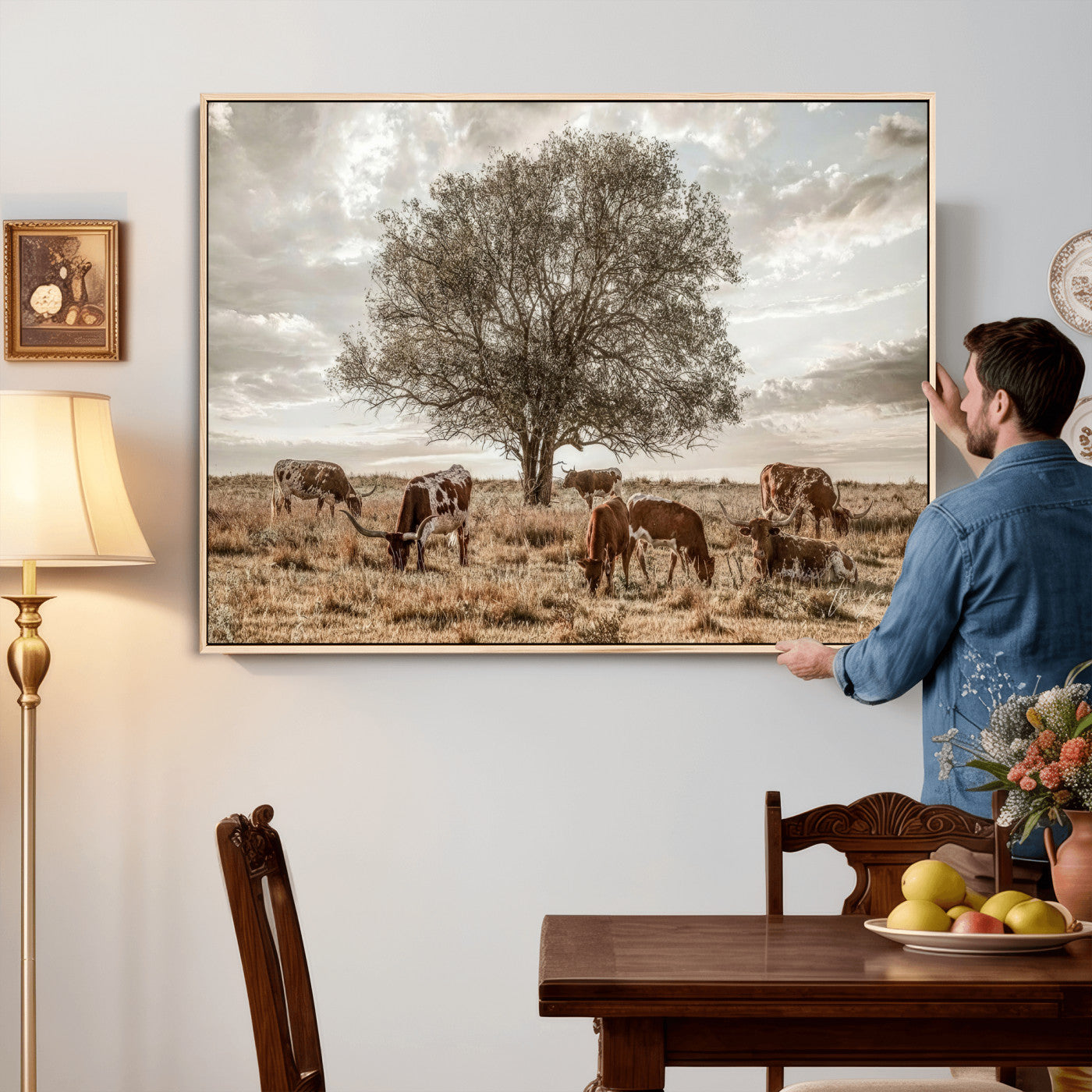 87590224-MGV-CV-36X24 - Texas Longhorn Cattle Wall Art Canvas Print – Rustic Western Ranch Scene with Steers at Sunset, Perfect for Farmhouse or Cowboy Decor