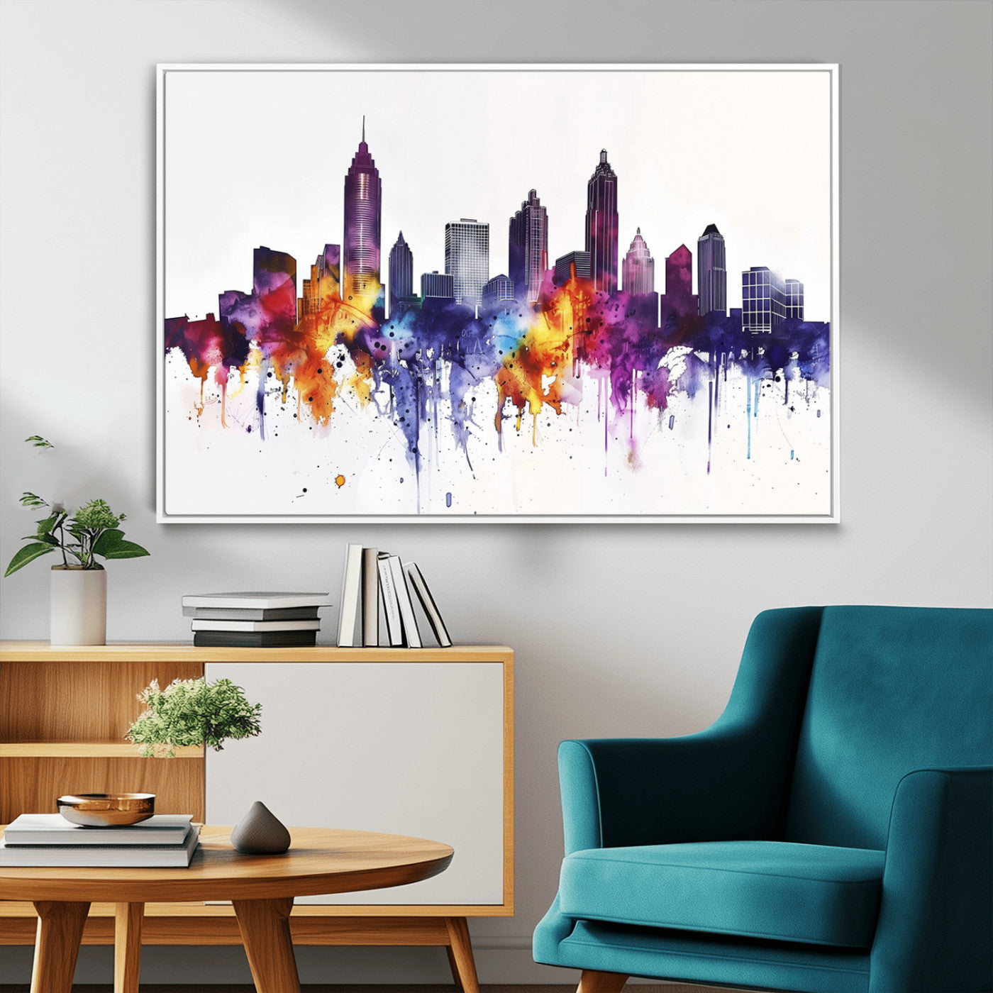 34479880-MGV-CV-36X24-Atlanta Skyline Wall Art Canvas Print – Framed Colorful Watercolor Cityscape Artwork for Home, Office, Living Room