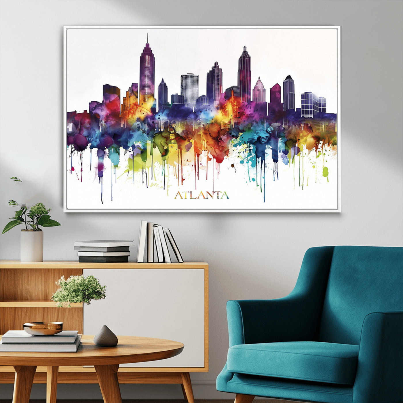 36048320-MGV-CV-36X24-Atlanta Skyline Wall Art Canvas Print – Framed Colorful Watercolor Cityscape Abstract Urban Artwork for Home, Office