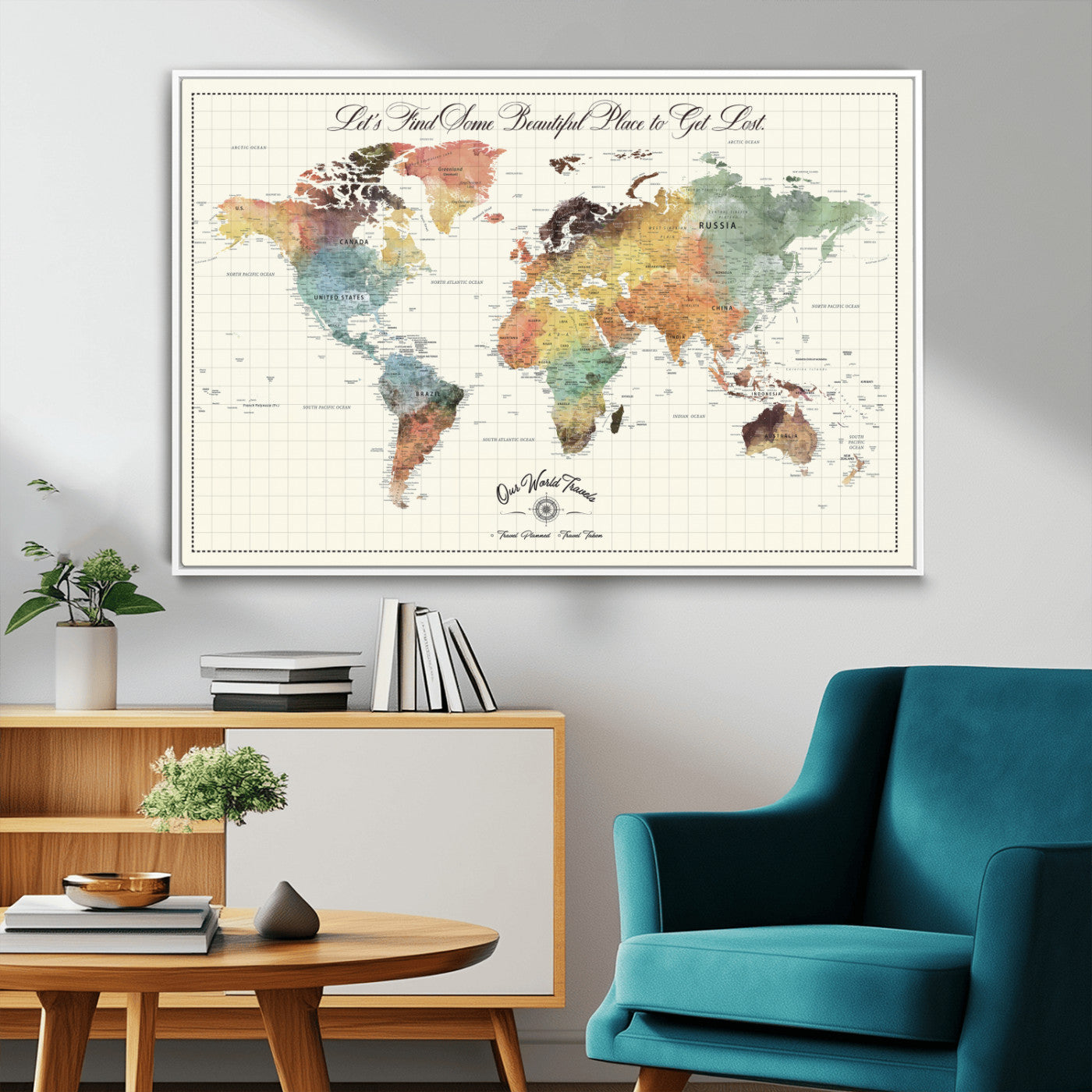 -Personalized Push Pin World Map Canvas Print – Custom Adventure Travel Tracker Map, Framed Wall Art Gift for Couples or Family