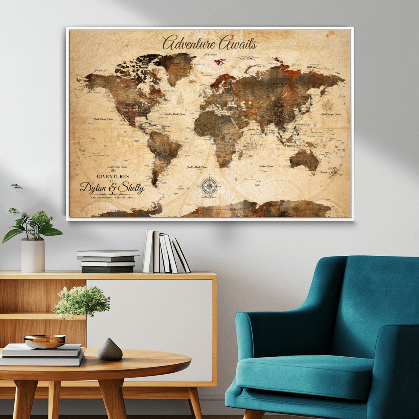 Rehber01-MGV-CV-36X24-Personalized World Map Canvas Wall Art – Custom Framed Push Pin Travel Tracker Print, Unique Gift for Home or Office Decor