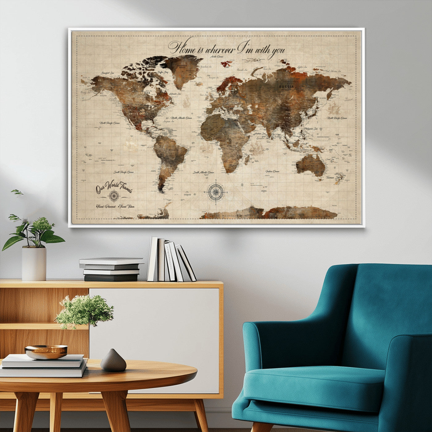 Rehber01-MGV-CV-36X24-Personalized World Map Canvas Wall Art – Custom Framed Push Pin Travel Tracker Print, Unique Gift for Home or Office Decor