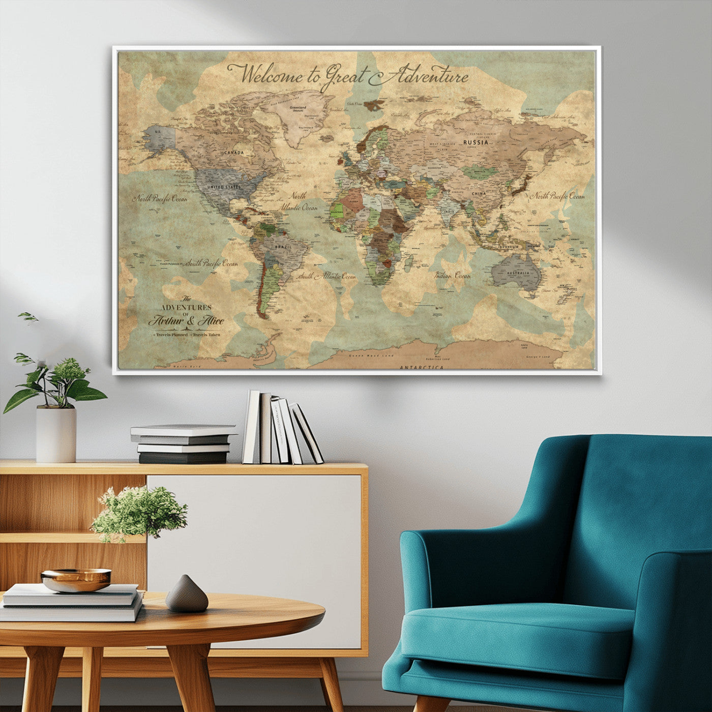 Rehber01-MGV-CV-36X24-Personalized World Map Canvas Wall Art – Custom Framed Push Pin Travel Tracker Print, Unique Gift for Home or Office Decor