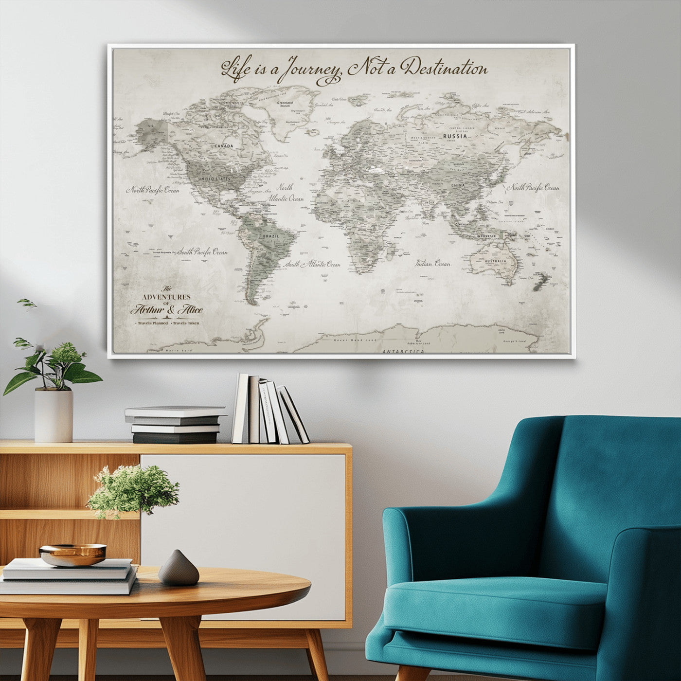 11398637-MGV-CV-36X24-Personalized Vintage World Map Canvas Print – Framed Push Pin Travel Tracker Neutral Elegant Artwork for Home, Office