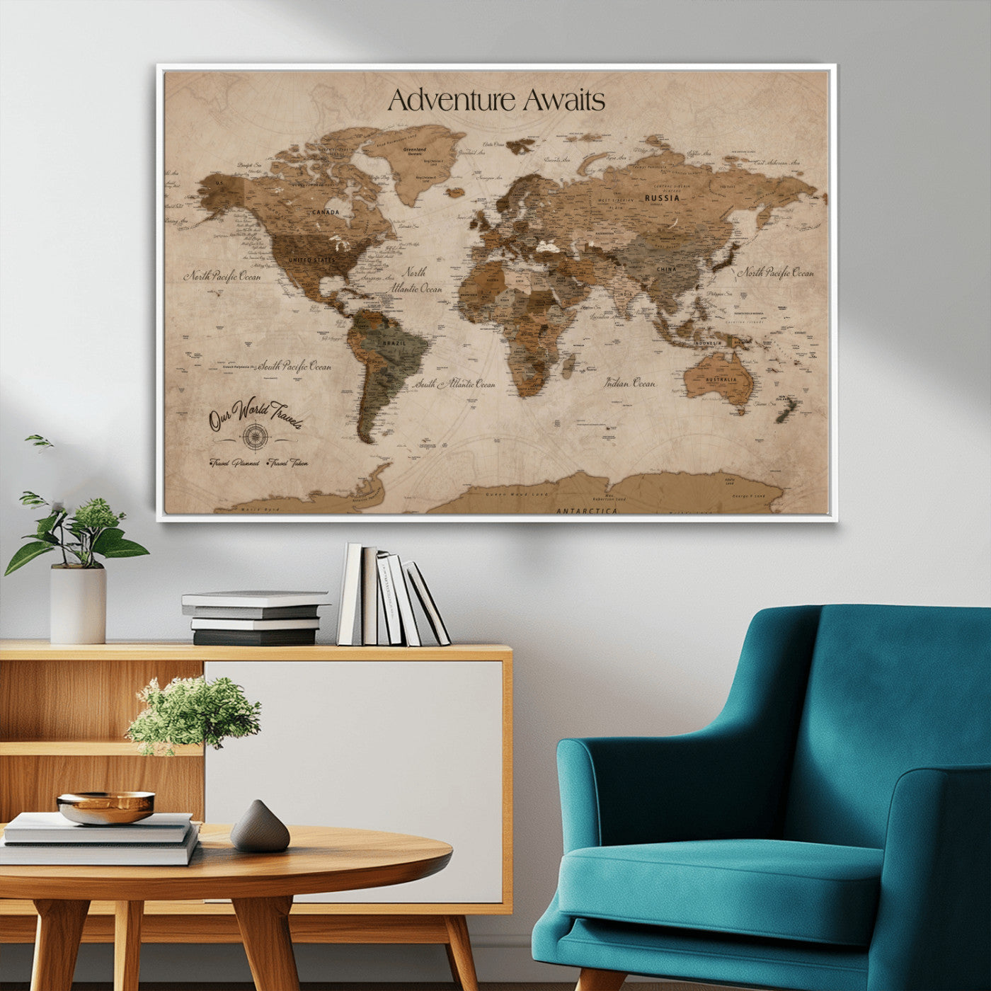Rehber01-MGV-CV-36X24-Personalized Framed World Map Wall Art Canvas – Custom Push Pin Travel Map with 100 Pins Foam Backing for Home Office