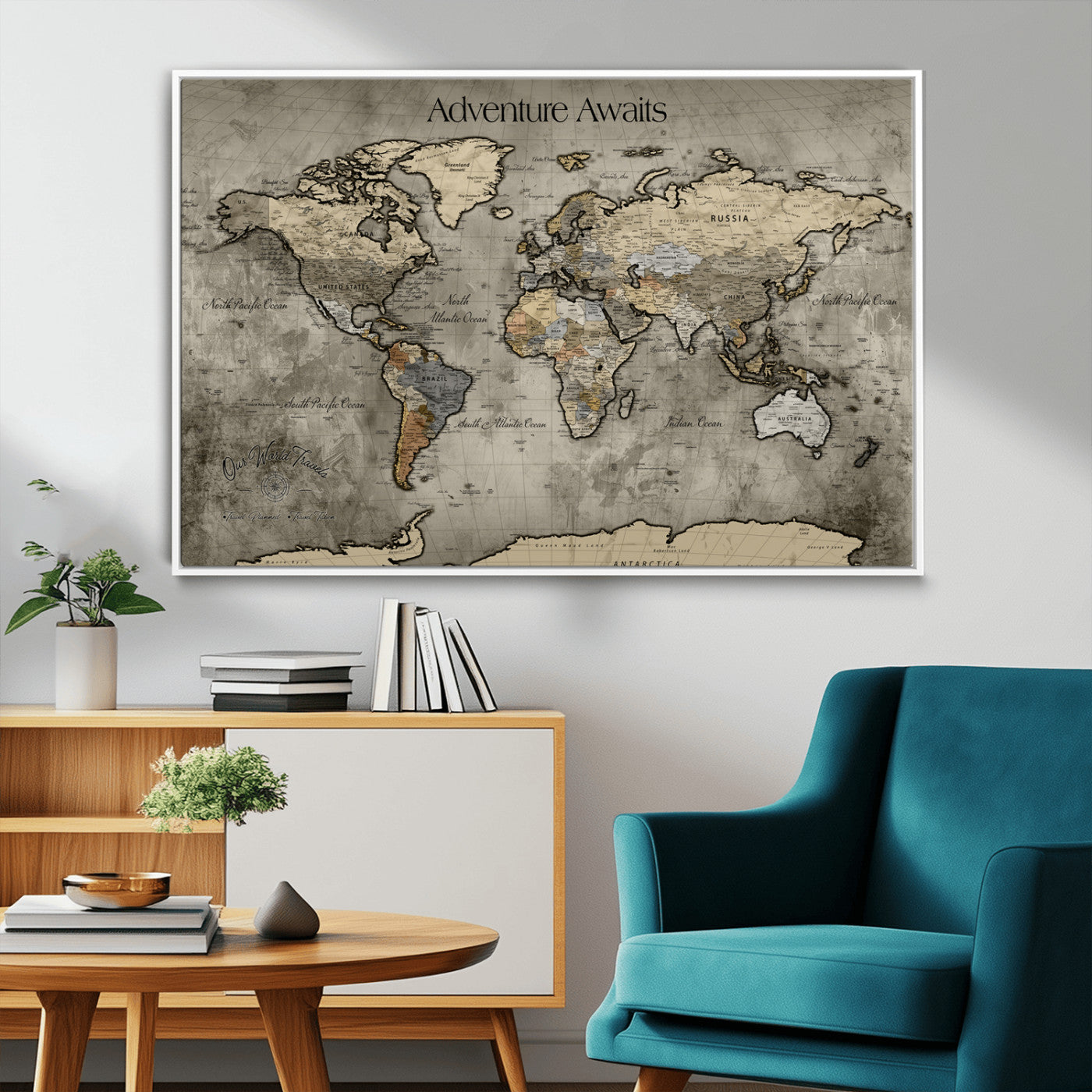 -Tree Rings Wall Art Canvas Print, Framed Wood Texture Art Picture Print, Blue Grain Perfect Rustic