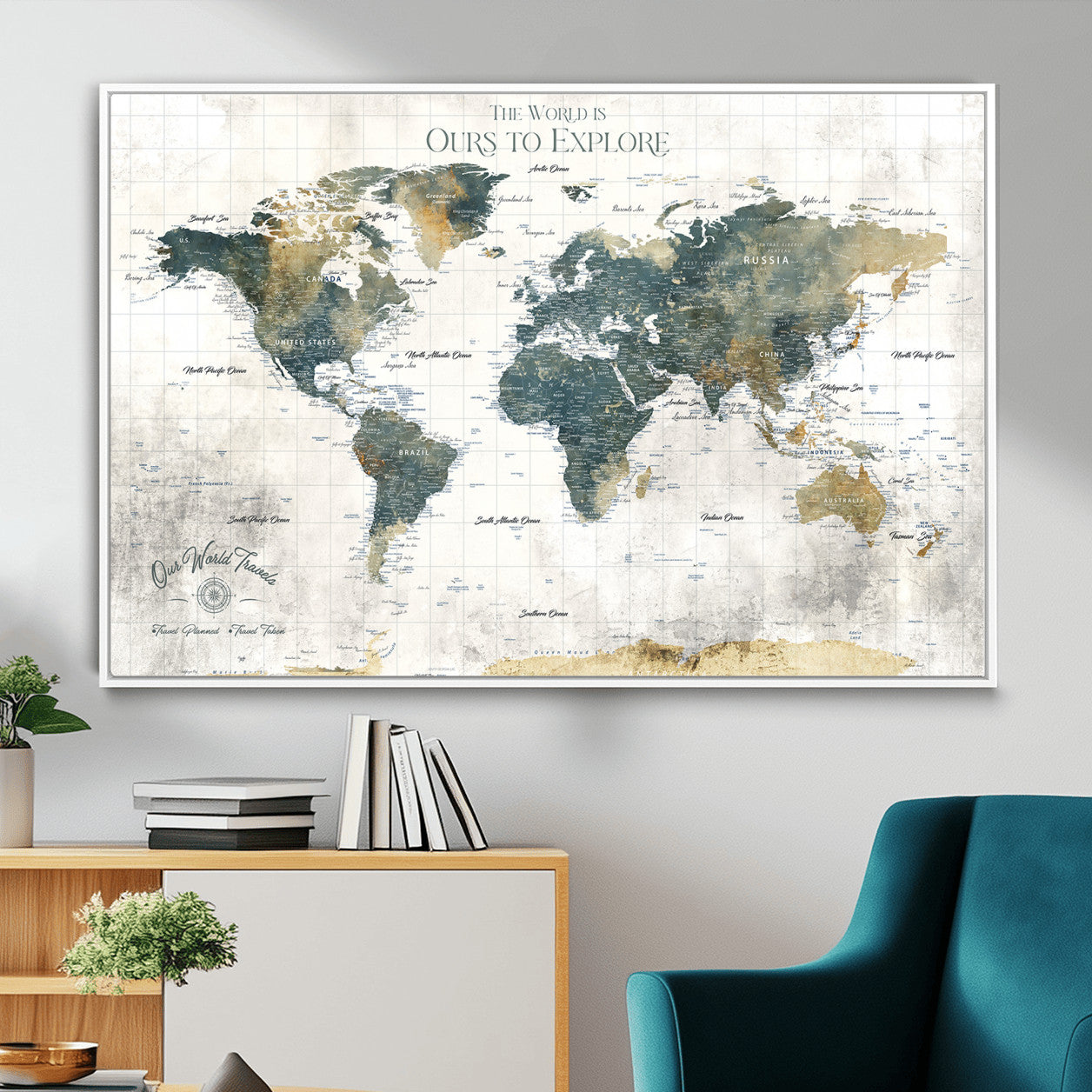 14988581-MGV-FC-36X24 - Custom Push Pin World Map Wall Canvas Print – Personalized Travel Tracker with Pins – Framed Custom Quotie Canvas for Home Office Decor