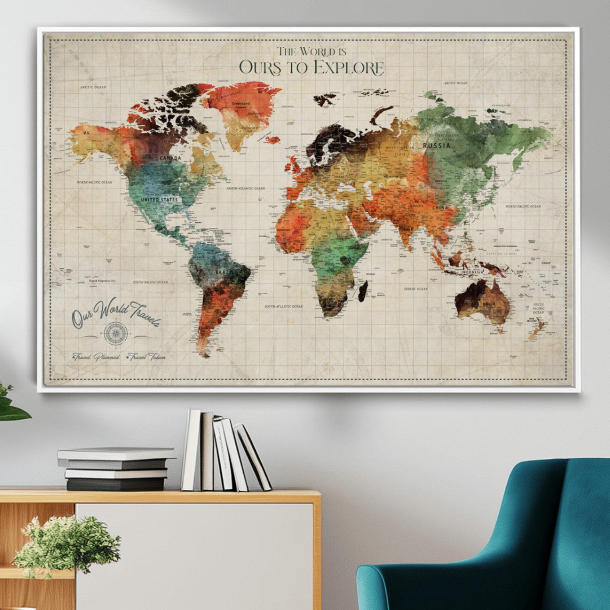 Rehber01-MGV-CV-36X24-Custom Push Pin World Map Wall Art Canvas Print – Personalized Travel Tracker Map Framed Artwork for Home Office