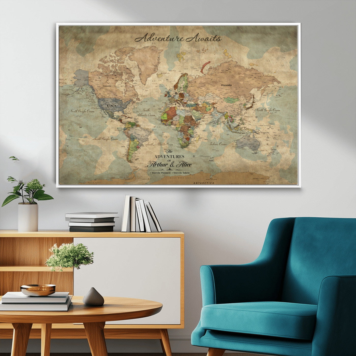 Rehber01-MGV-CV-36X24-Personalized Vintage World Map Canvas Print – Custom Push Pin Travel Map Antique Style Gift for Couples Travelers for Home Office