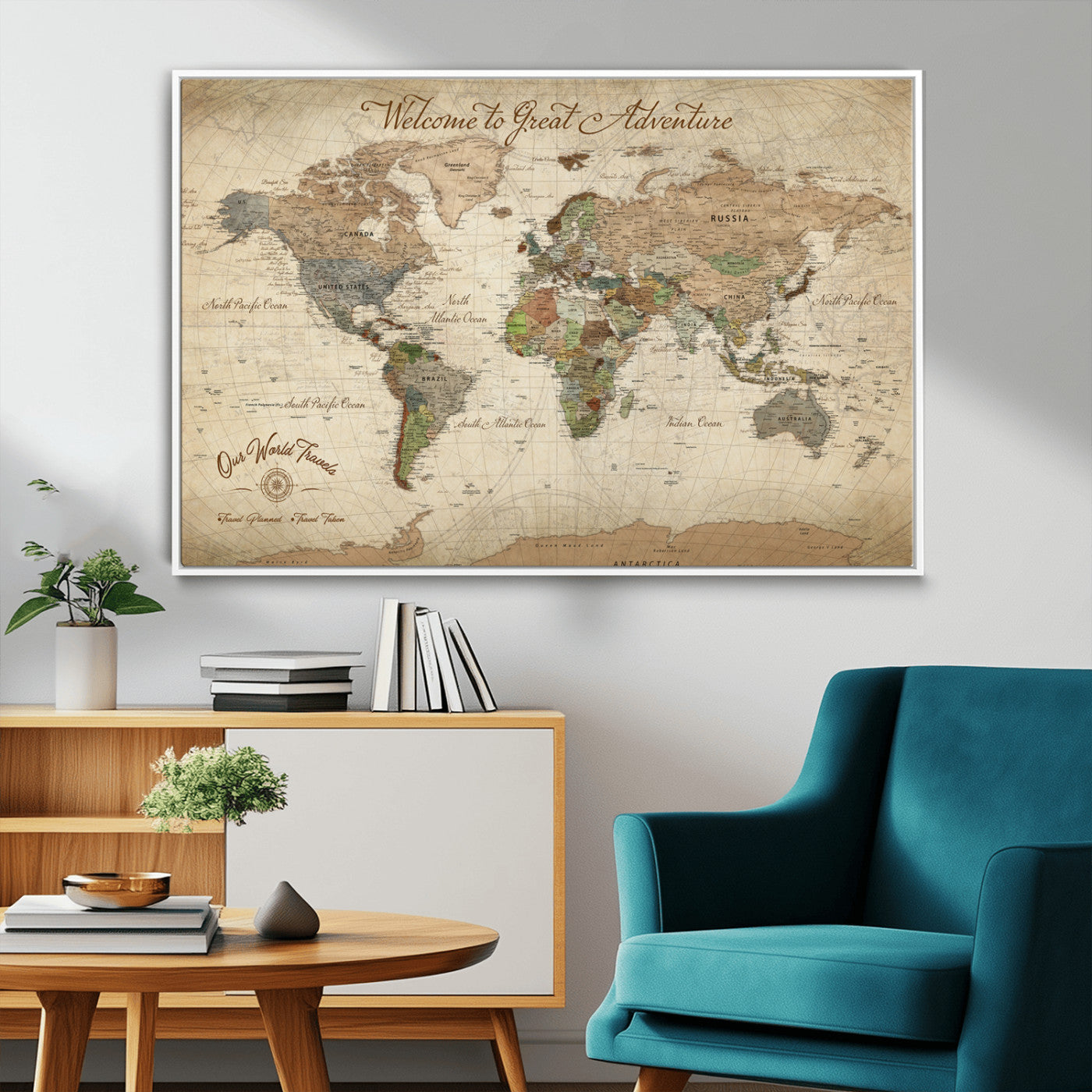 -Personalized Antique World Map Canvas Print – Custom Push Pin Travel Tracker Vintage Adventure Gift for Couples for Home, Office