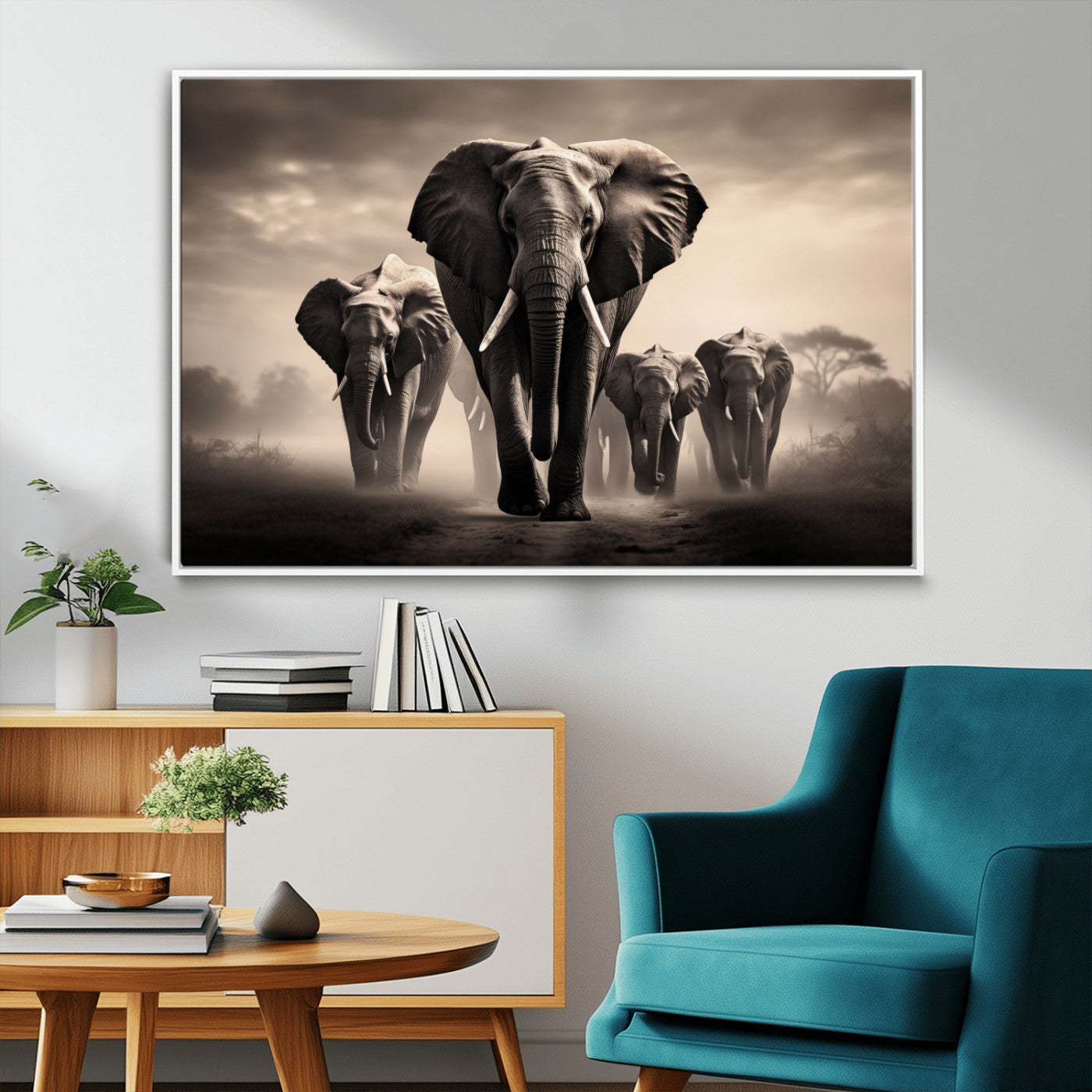 48598F10-MGV-FC-36X24_White-Elephant Family Wall Art Canvas Print, Framed Elephant Wall Art Home Decor