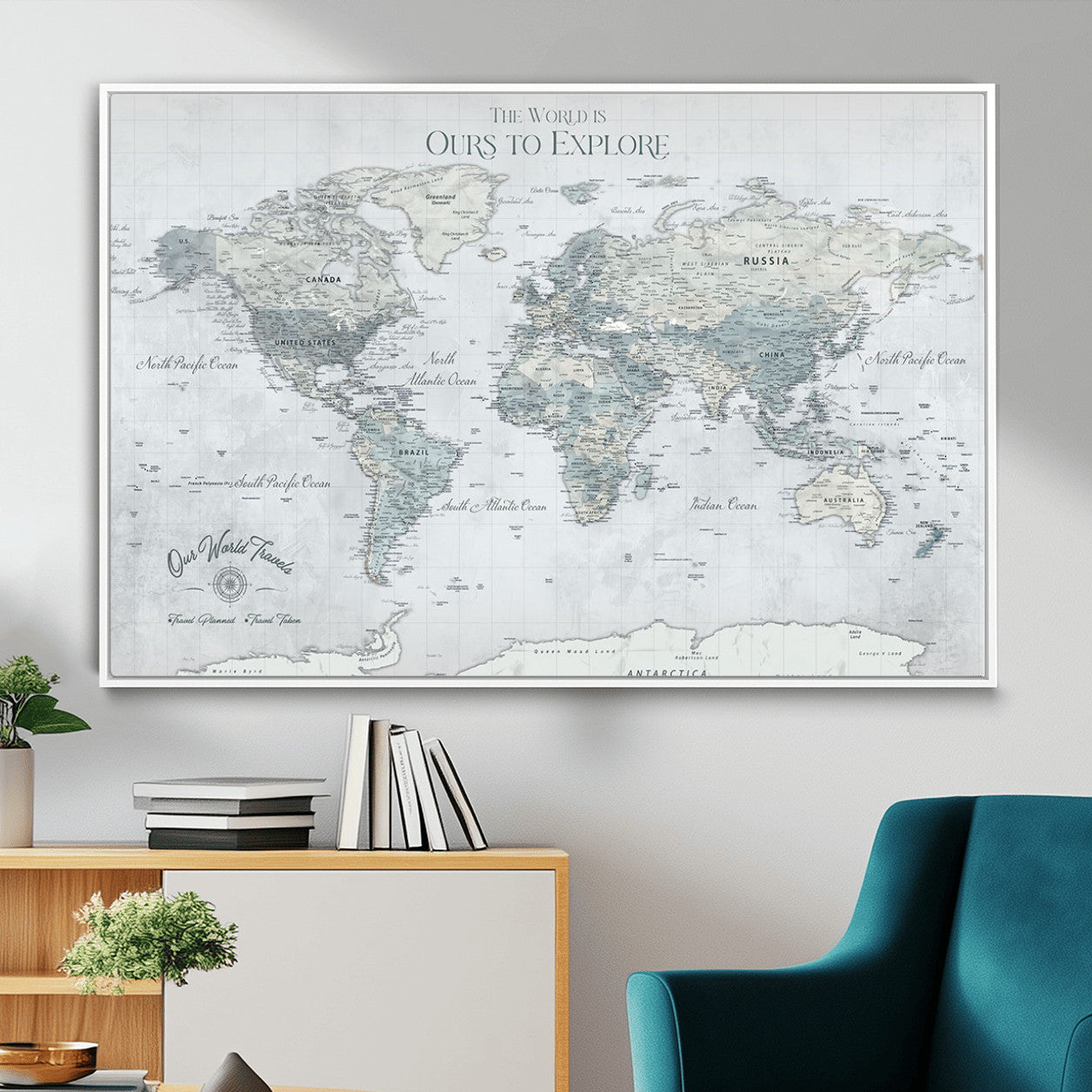 73654056-MGV-FC-36X24 - Personalized Push Pin World Map Canvas Print – Custom Framed Travel Tracker Artwork for Couples or Home Decor
