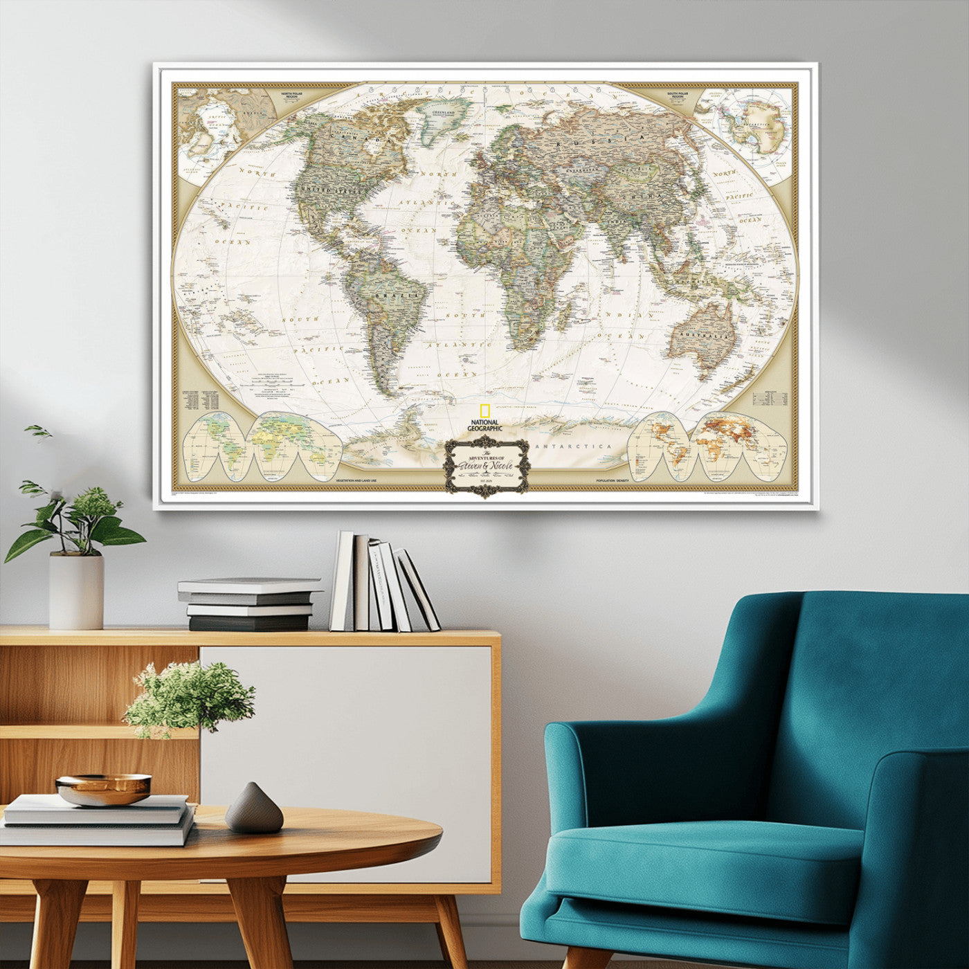 -World Map Wall Art Canvas – National Geographic Style Framed Map Print, Elegant Educational Wall Decor for Home, Office
