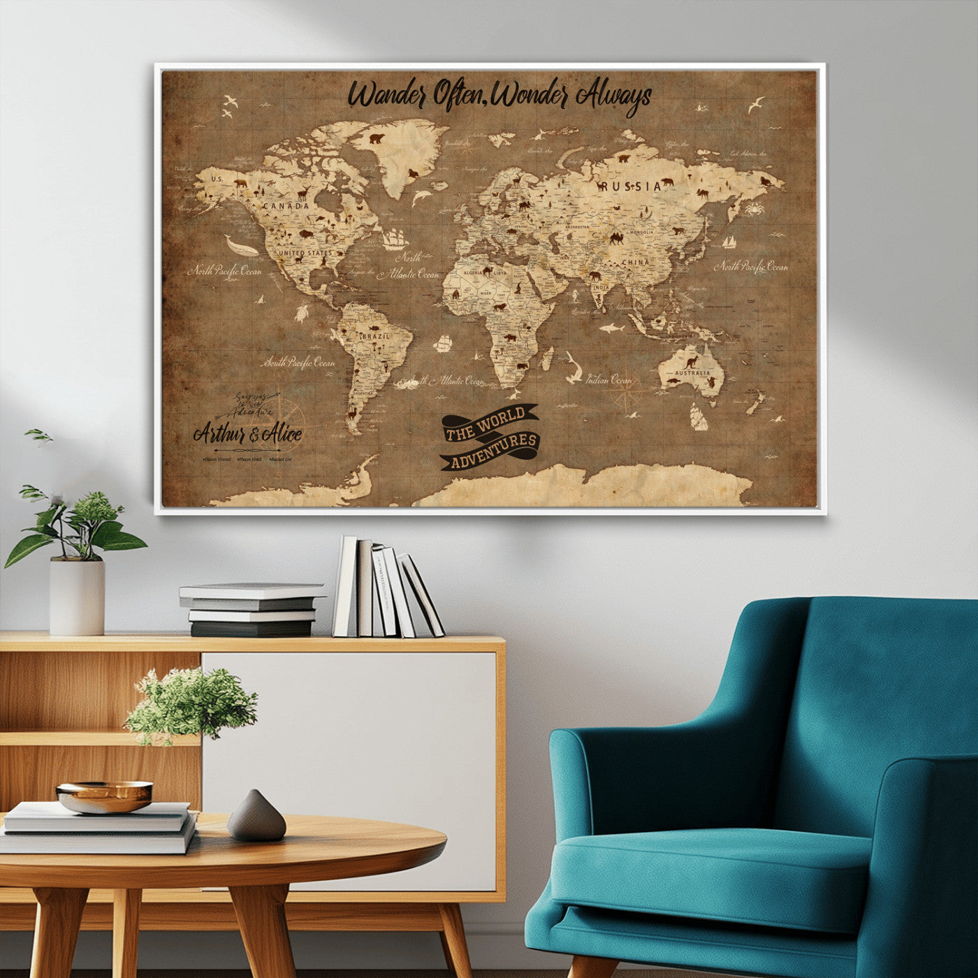 Rehber01-MGV-CV-36X24-Customize Push Pin World Map Wall Art Canvas Print – Personalized Kids Room Framed Map Adventure Travel for home, office
