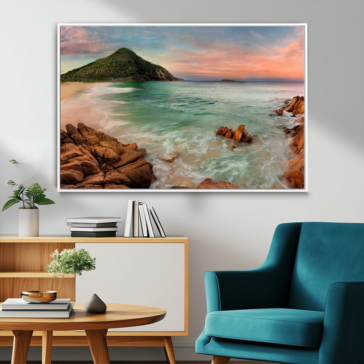 53831025-MGV-FC-36X24_White-Coastal Landscape Wall Art Canvas Print – Rocky Shore and Green Hills at Sunset Beautiful Ocean View Artwork for Home, Office