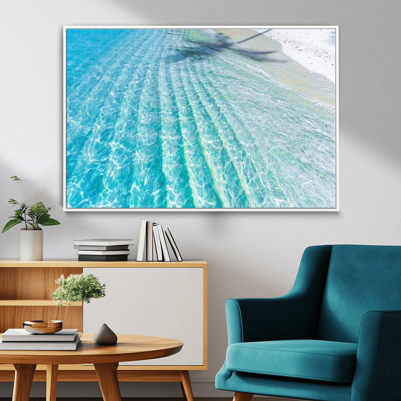 -Crystal Clear Ocean Wall Art Canvas Print – Sunlight Reflections and Palm Tree Shadow on Sandy Beach Artwork for Home, Office