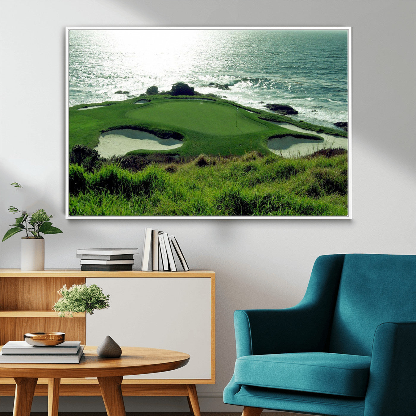 48473947-MGV-FC-36X24_White-Coastal Golf Course Wall Art Canvas Print – Scenic Green Surrounded by Sand Bunkers and Ocean Waves Artwork for Home, Office