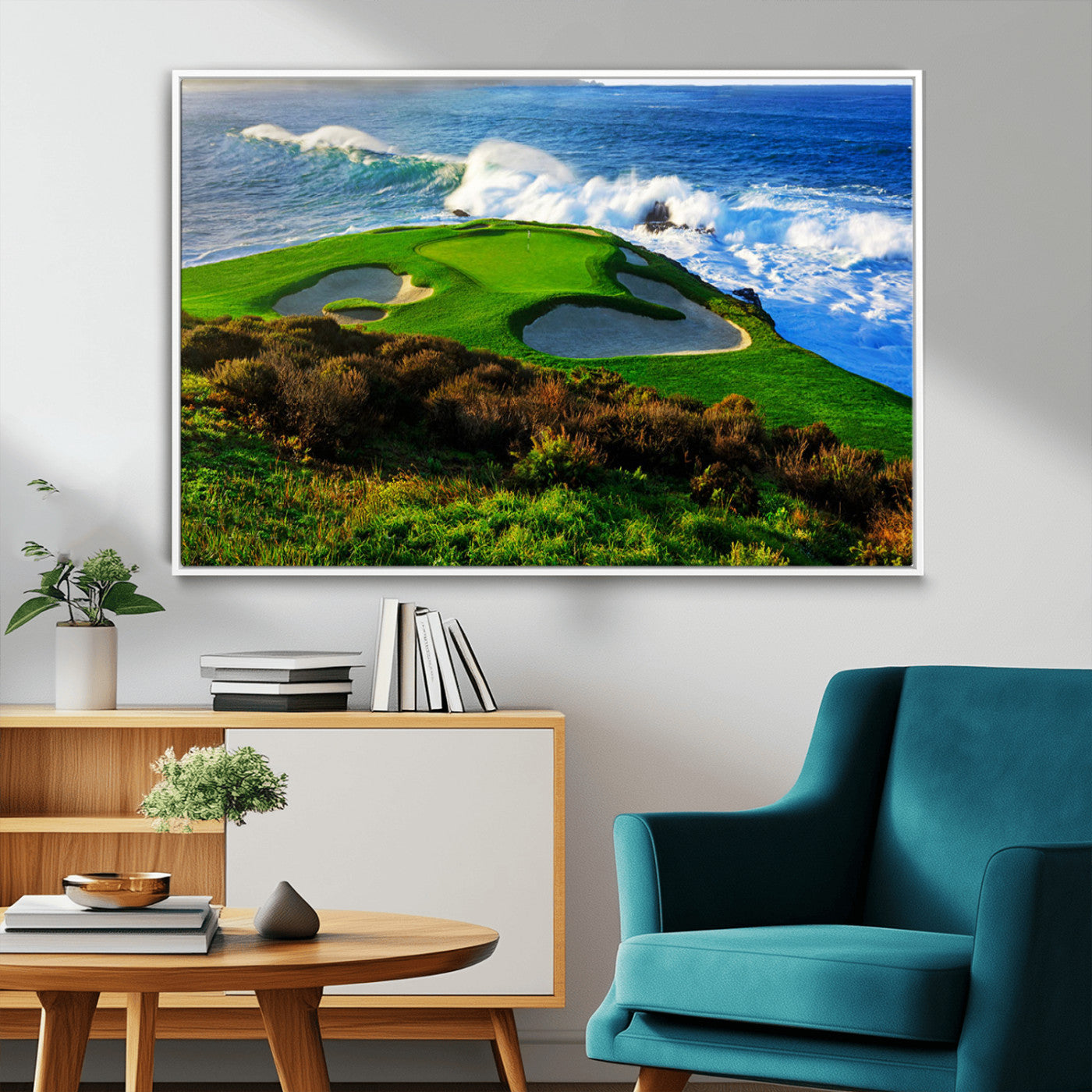 34181847-MGV-FC-36X24_White-Coastal Golf Course Wall Art Canvas Print – Vibrant Green with Sand Bunkers Overlooking Ocean Waves Artwork for Home, Office