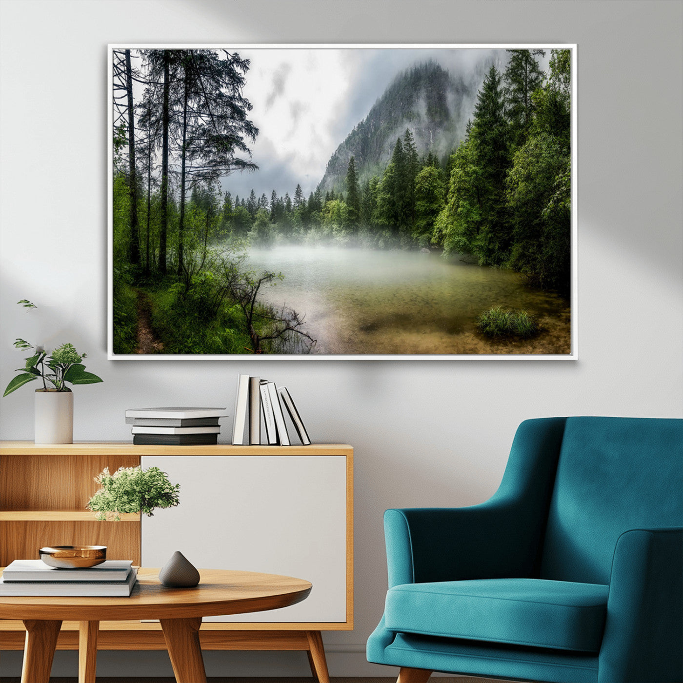 93123937-MGV-FC-36X24_White-Misty Lake Forest Green Trees Calm Water Reflection Mountain Fog Nature Landscape Outdoor Scenic