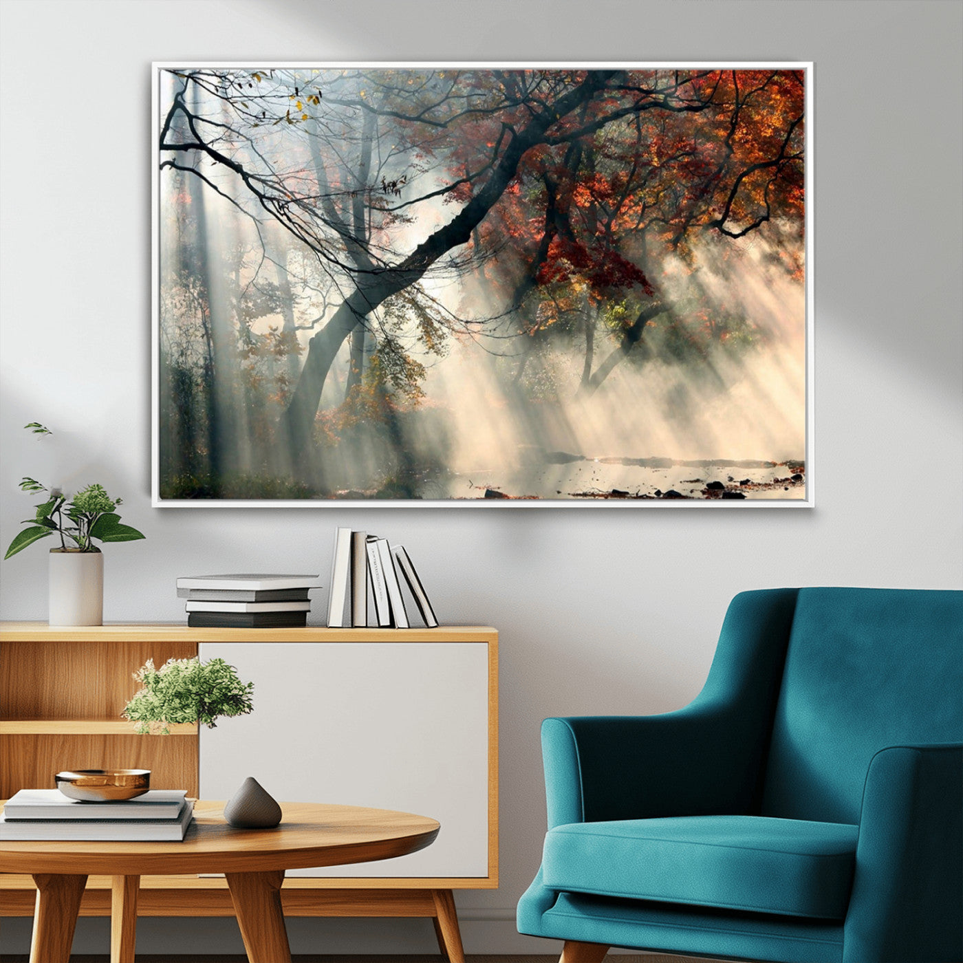 36043878-MGV-FC-36X24_White-Sunlit Autumn Forest Wall Art Canvas Print – Framed Mist Trees Scene with Peaceful Rays Artwork for Home, Office