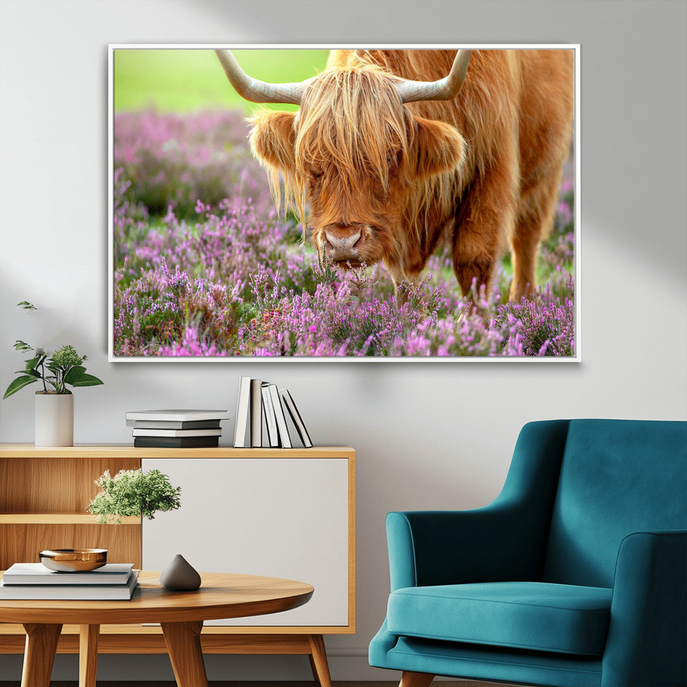 64069351-MGV-FC-36X24_White-Highland Cow Wall Art Canvas Print – Framed Purple Flowers Scene with Grazing Animal Artwork for Home, Office