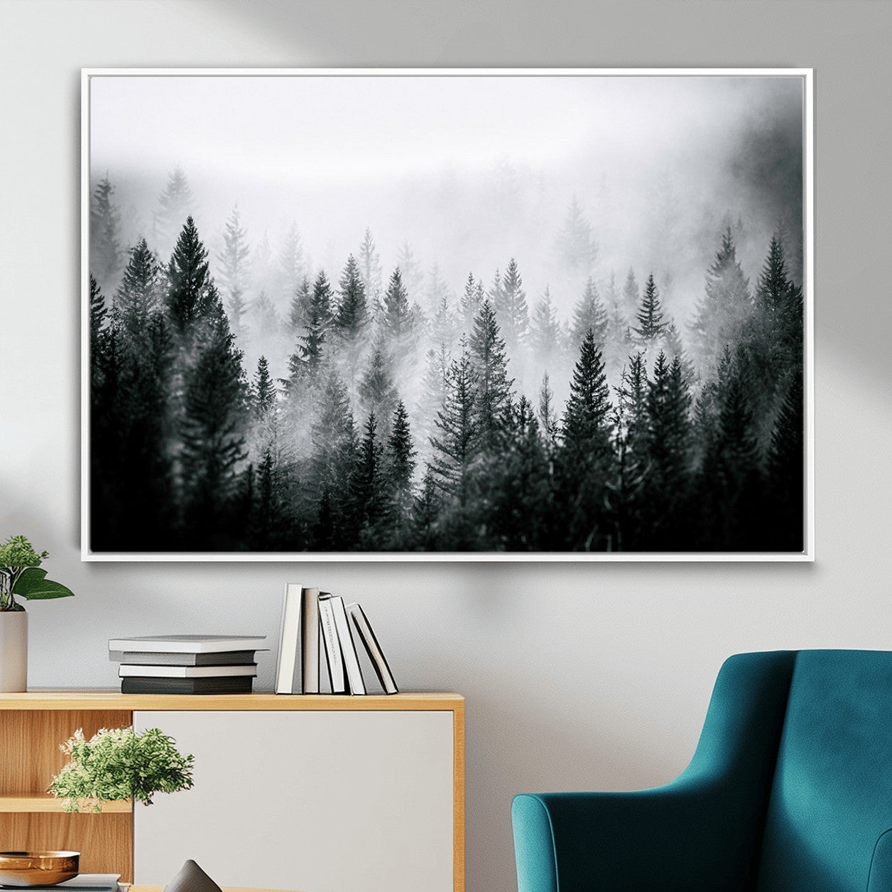 MGV-FC-36X24 - Foggy Pine Forest Canvas Wall Art, Horizontal Black and White Nature Landscape Print for Modern Home Decor