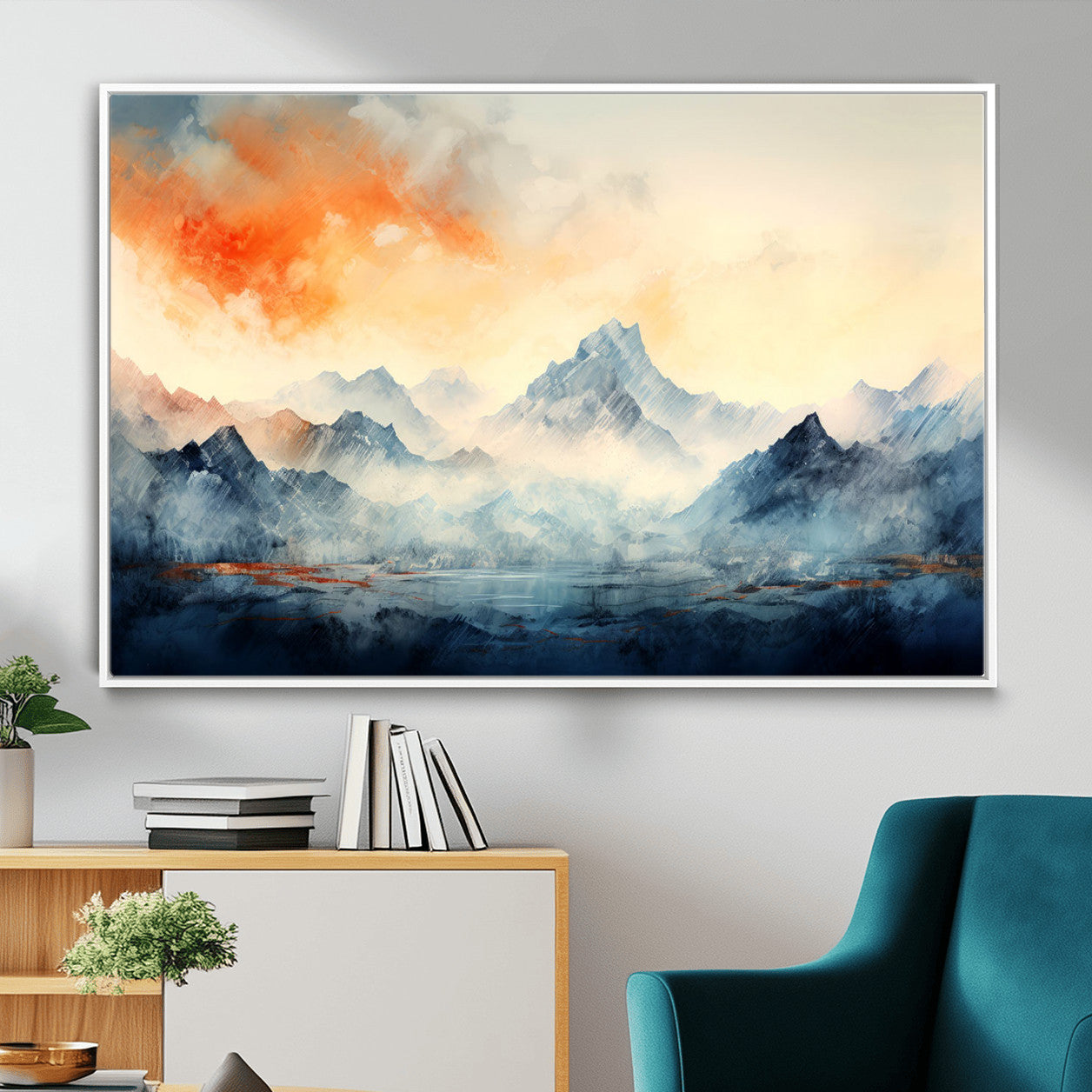 WRM1005-MGV-FC-36X24 - Warm Clouds Abstract Mountain Wall Art, Modern Landscape Canvas Print, Minimal Framed Artwork for Home, Office
