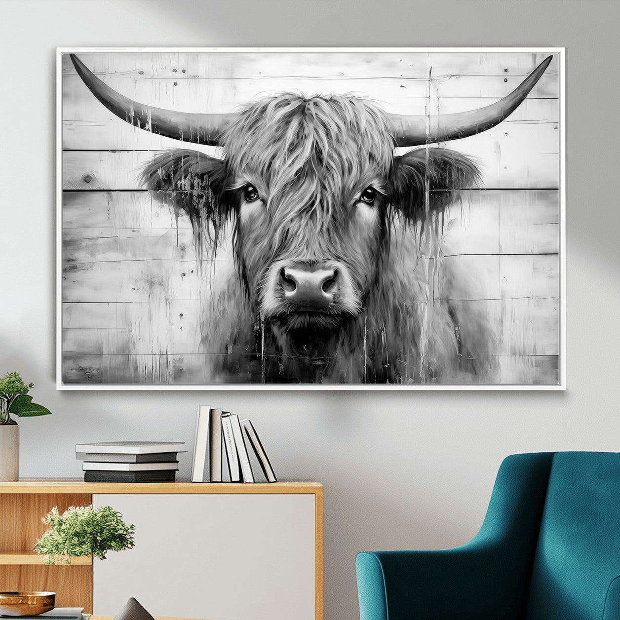 1001HASAN27-MGV-FC-36X24 - Black White Highland Cow Wall Art Canvas Print