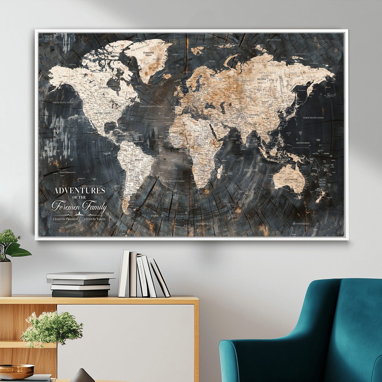 58265369-MGV-FC-36X24 - Customized Push Pin World Map Wall Art Canvas Print with Pins, Personalized Travel Tracker Map, Framed World Map for Living Room, Office and Home Decor