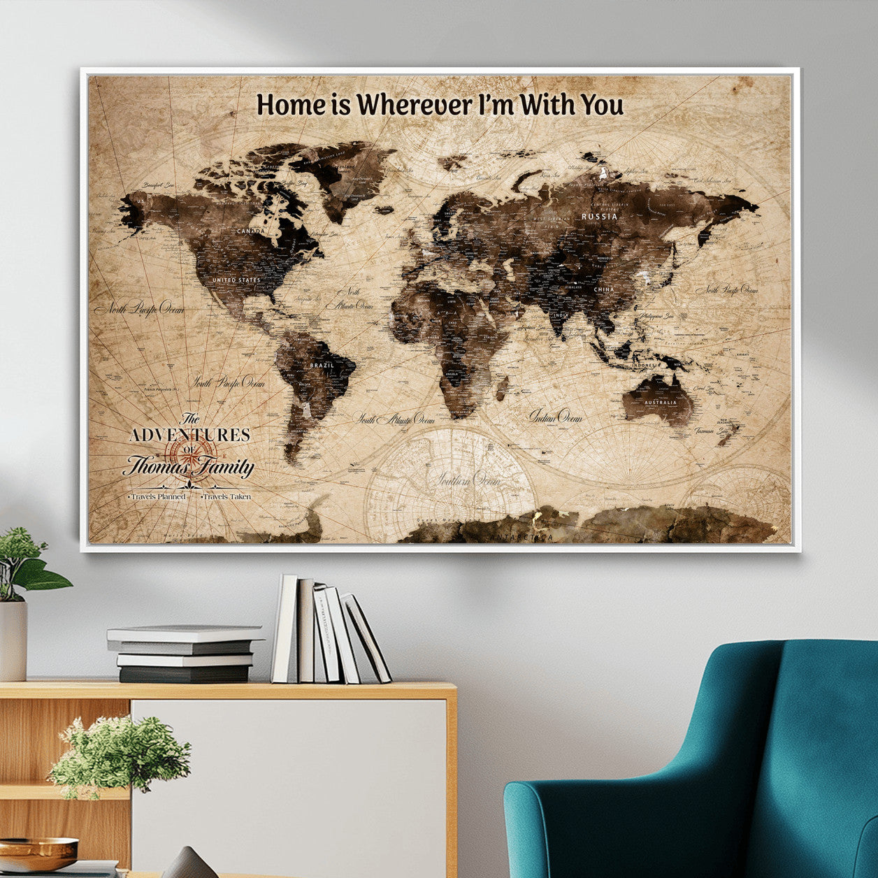 31398786-MGV-FC-36X24 - Personalized World Map Wall Art – Custom Framed Push Pin Travel Tracker Canvas Print Unique Gift for Home, Office