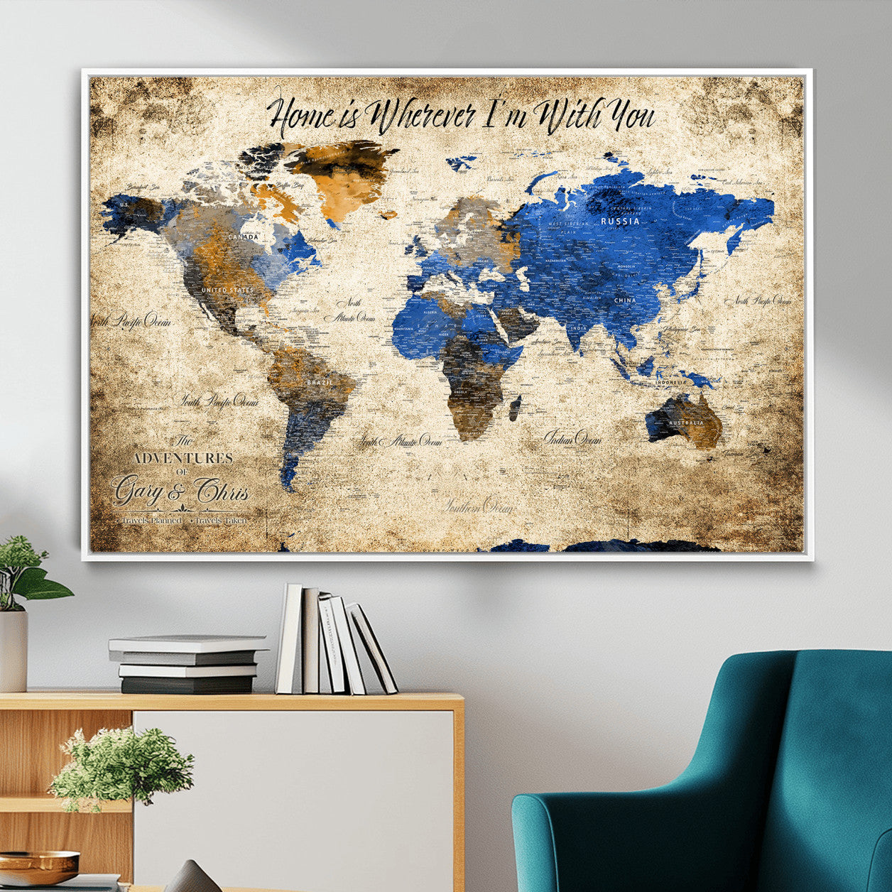 20854758-MGV-FC-36X24 - Personalized Push Pin World Map Canvas Print – Custom Framed Travel Tracker Artwork with Pins for Home and Office Decor