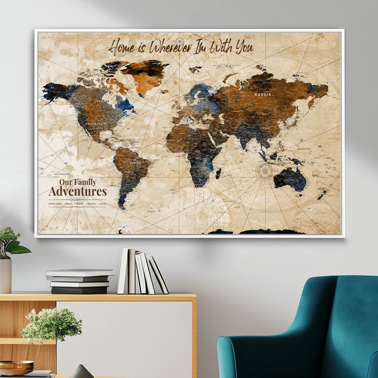 37709027-MGV-FC-36X24 - Customized Push Pin World Map Wall Art Canvas Print with Pins, Vintage Personalized Travel Tracker Map, Framed World Map for Living Room, Office and Home Decor